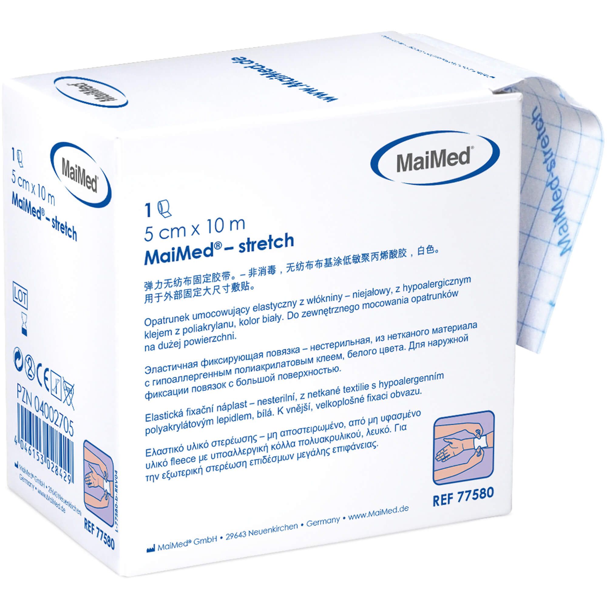 Weiße Verpackung mit MaiMed-Schriftzug und Produktbezeichnung. 5 cm x 10 m Fixiervlies. Aufdrucke in mehreren Sprachen.