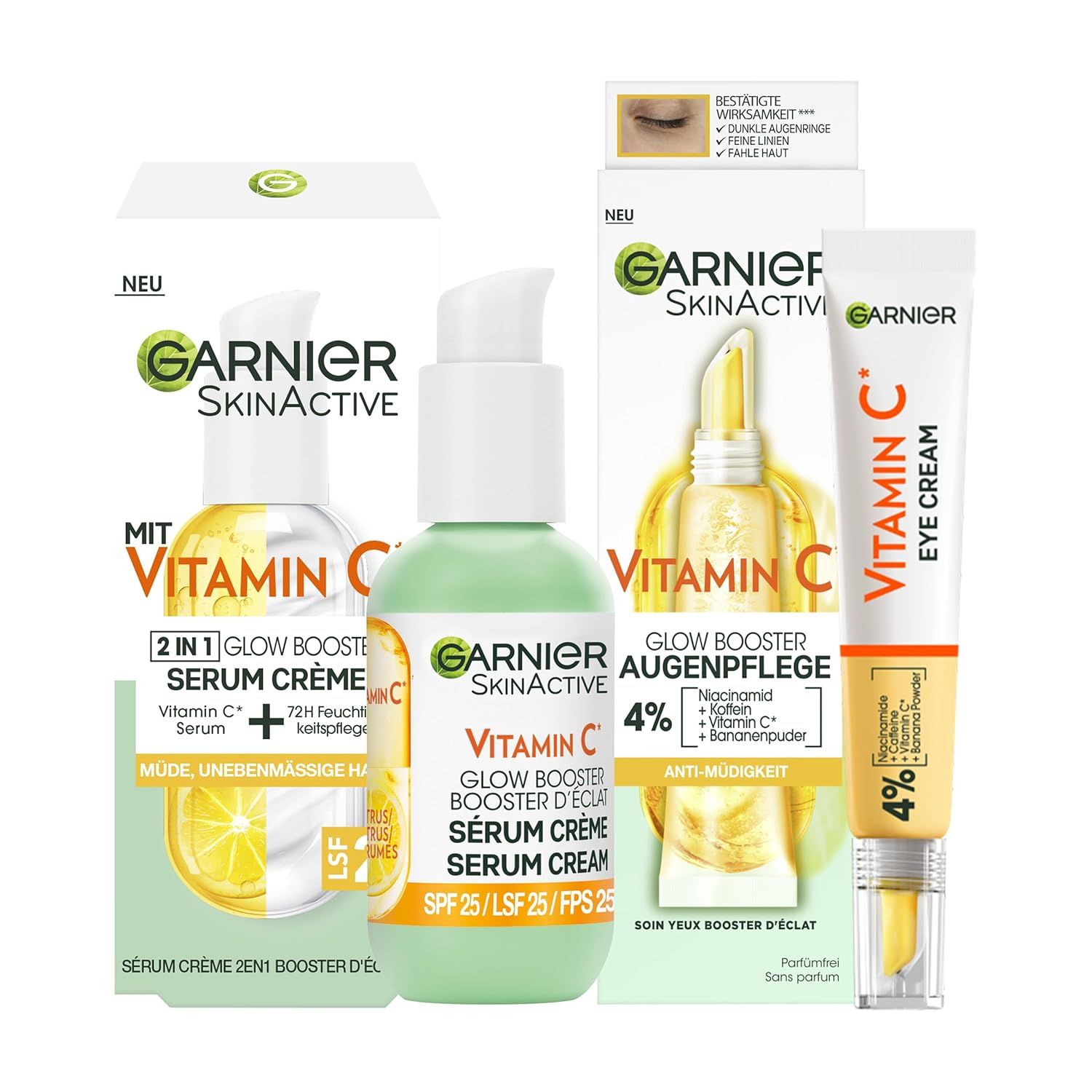 Garnier SkinActive Vitamin C Glow Booster Set. Enthält Serum, Creme und Augenpflege. Verpackung mit Produktnamen und Inhaltsstoffen.