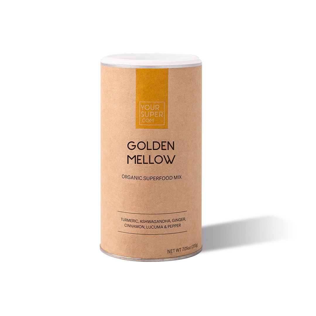 Zylindrische Dose mit Aufschrift 'Golden Mellow'. Braune Verpackung mit gelben Akzenten und Produktinformationen.