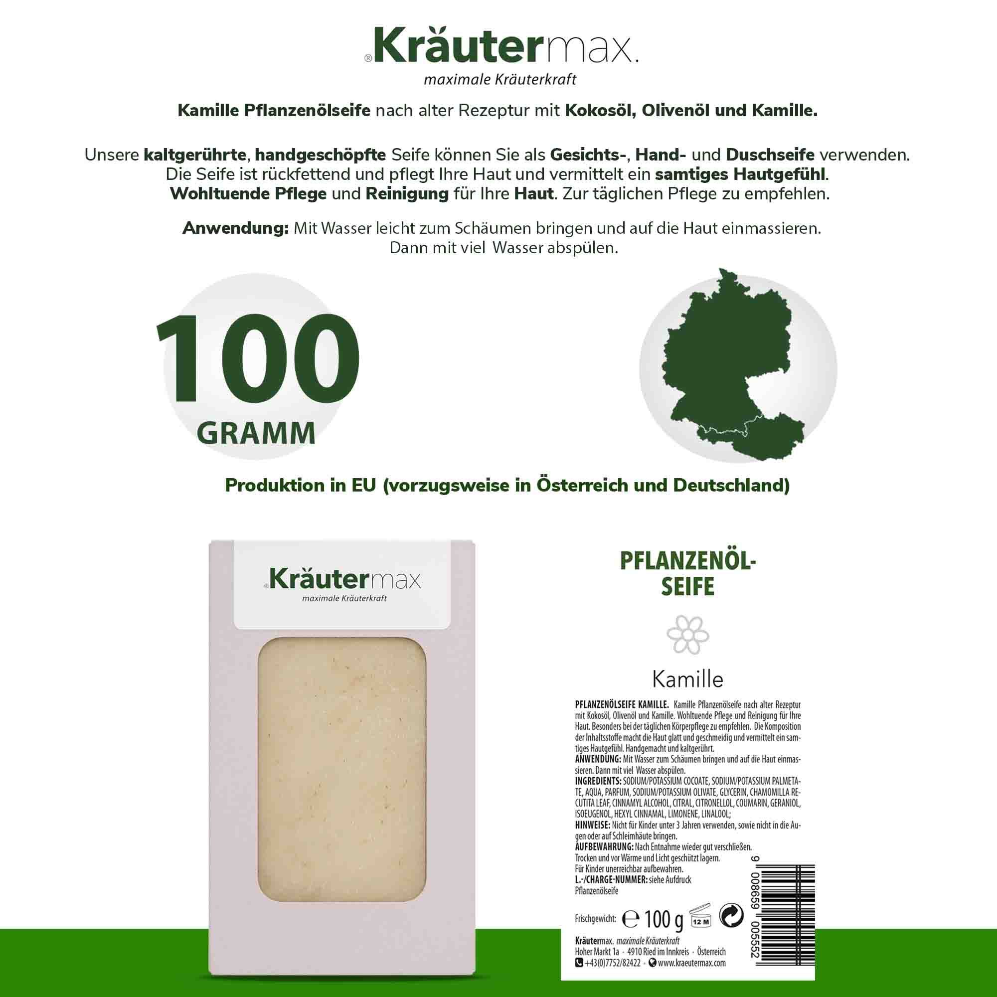 Kräutermax Pflanzenölseife Kamille, 100g. Produktinformationen und Inhaltsstoffe auf der Verpackung.