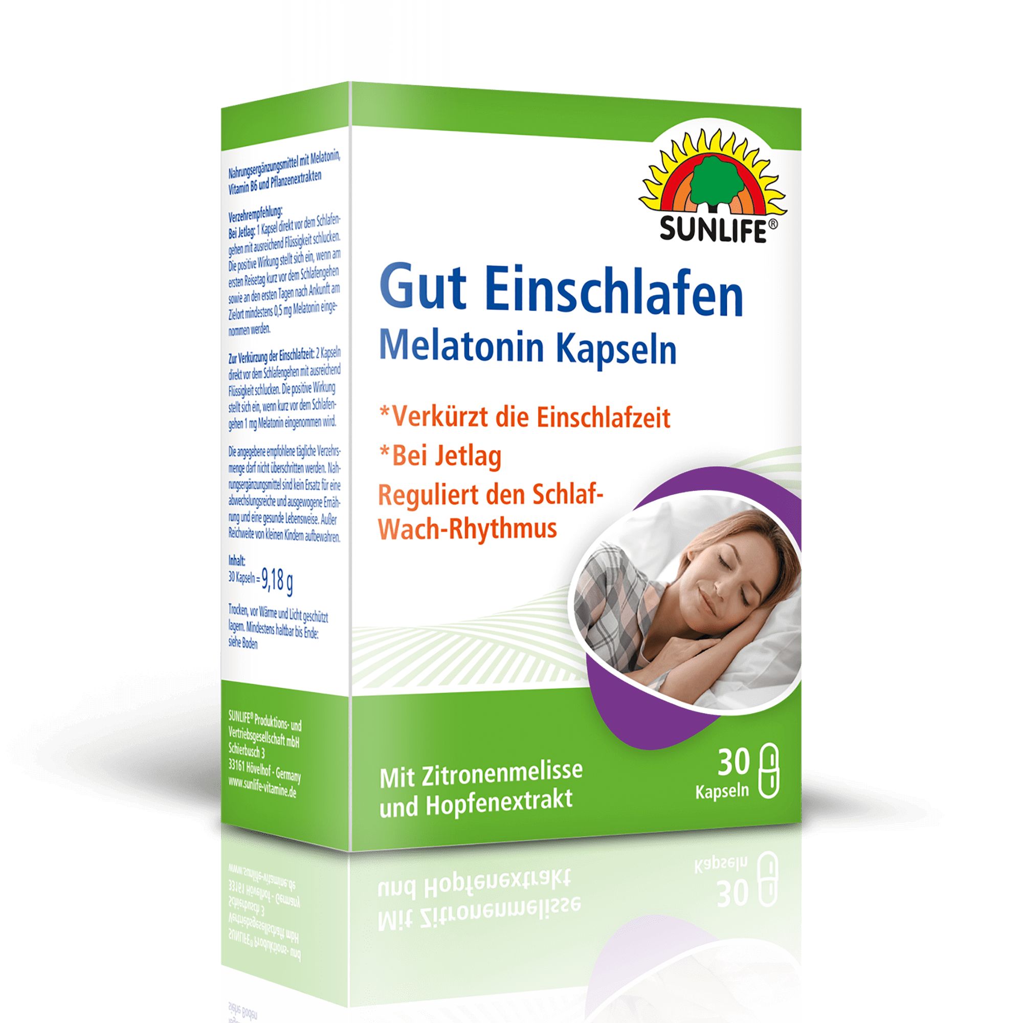 Verpackung von SUNLIFE® Melatonin Kapseln. Aufschrift: Gut Einschlafen, 30 Kapseln. Enthält Zitronenmelisse und Hopfenextrakt. Inhaltsangaben.