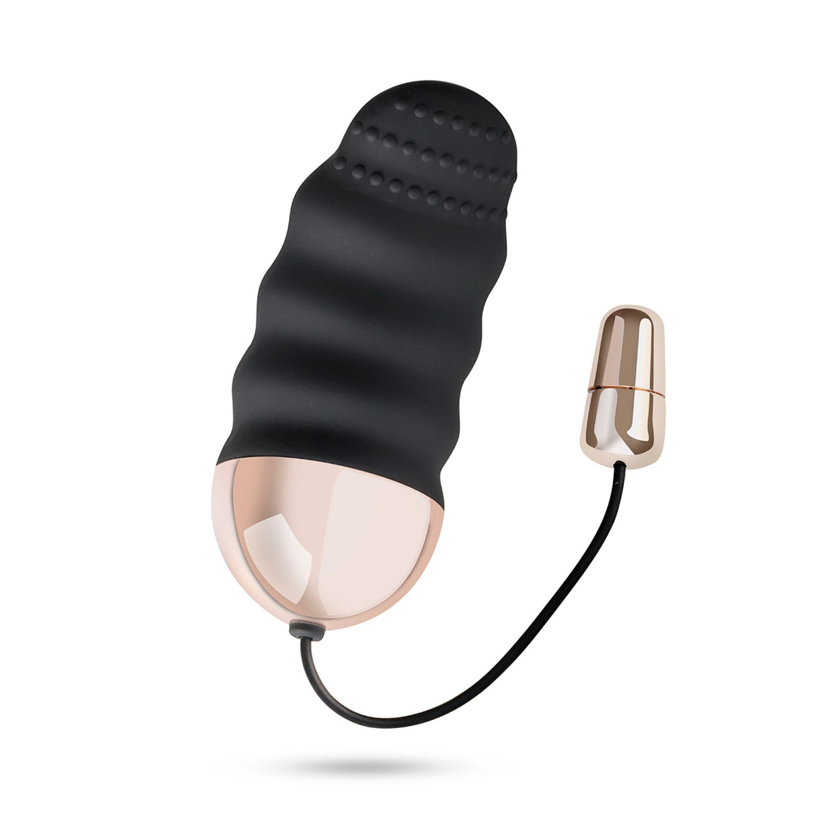 Schwarzer Vibrator mit wellenförmiger Oberfläche und roségoldfarbenen Akzenten. Mit Kabel und Aufsatz.