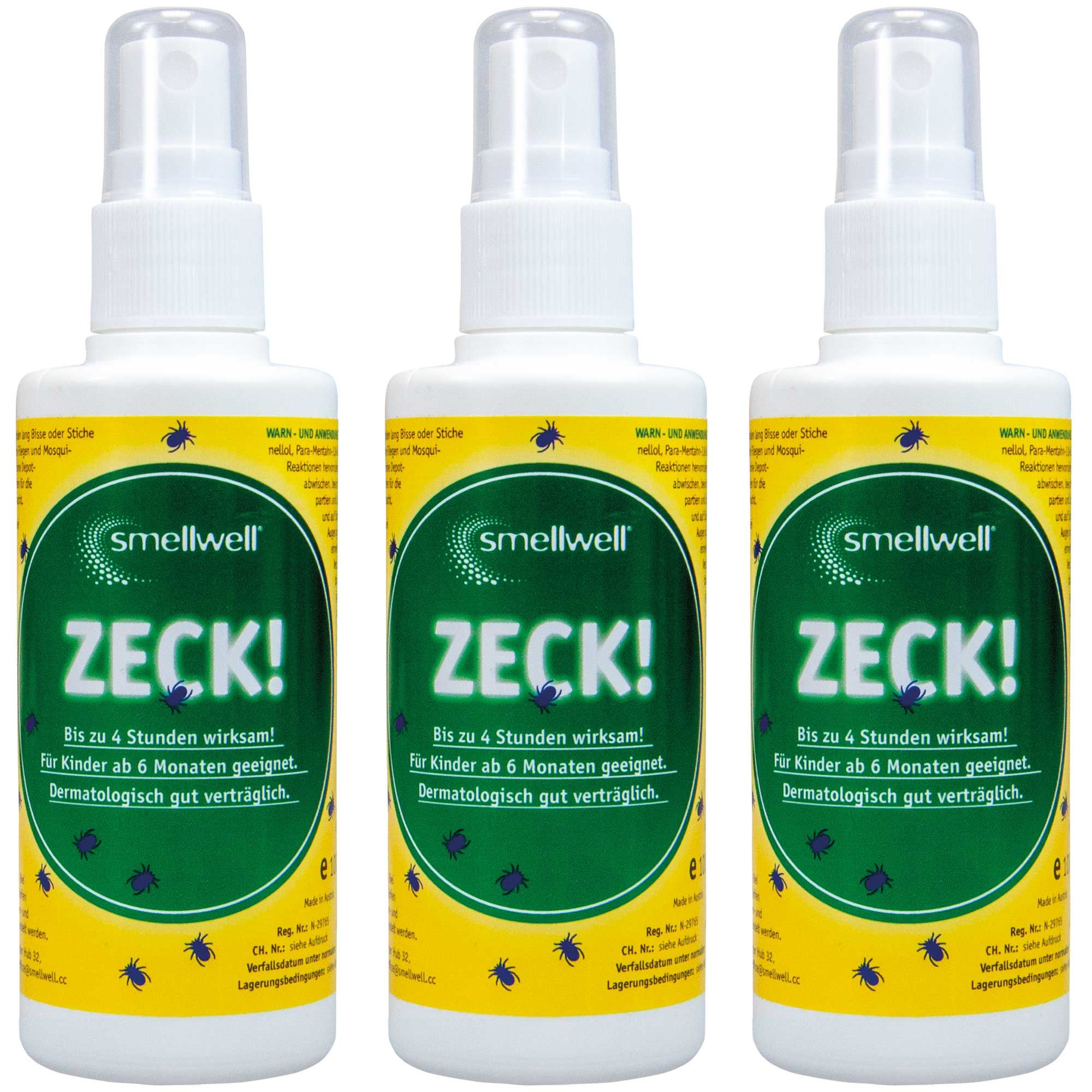 Drei Flaschen mit Sprühkopf. Aufschrift "ZECK!" und "smellwell". Gelb-grünes Etikett mit Inhaltsangaben und Insekten-Illustrationen.