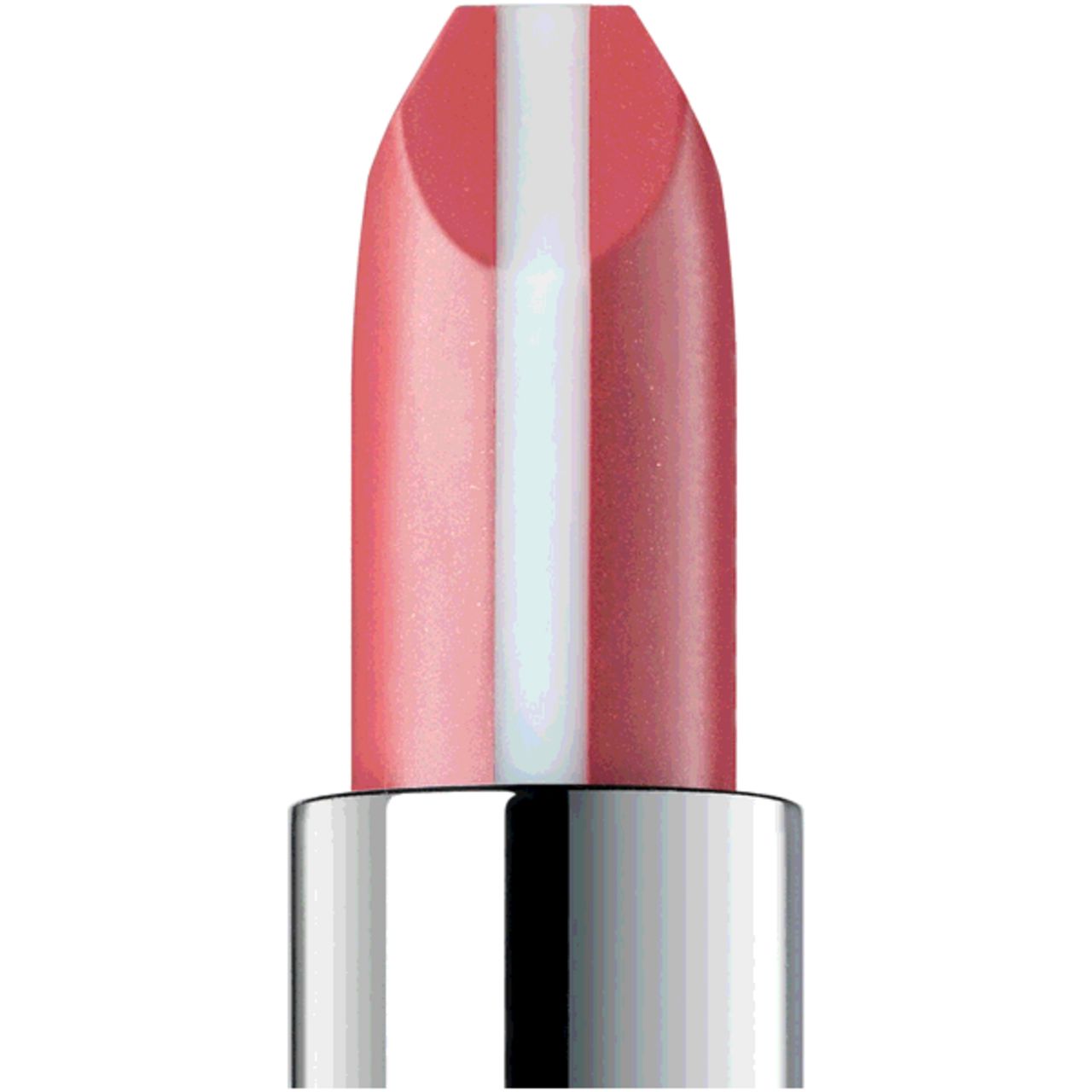 Nahaufnahme eines Lippenstifts. Rosa und weiß gestreifte Spitze. Silberfarbener Metallkörper.