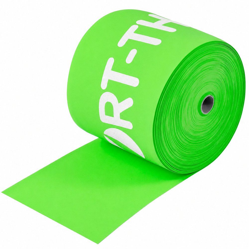 Grünes Fitnessband, aufgerollt, mit weißem Schriftzug "SPORT-THIEM".