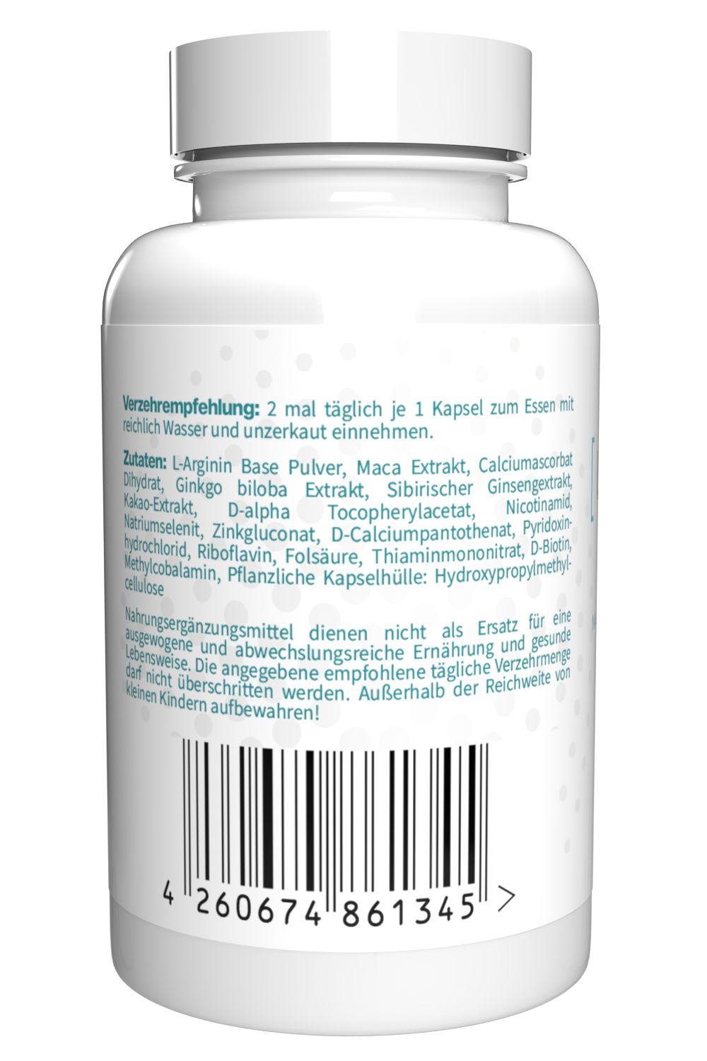 Weiße Kapsel-Dose mit Etikett. Zutatenliste und Barcode sichtbar. Text: Nahrungsergänzungsmittel. Enthält L-Arginin, Ginkgo, etc.