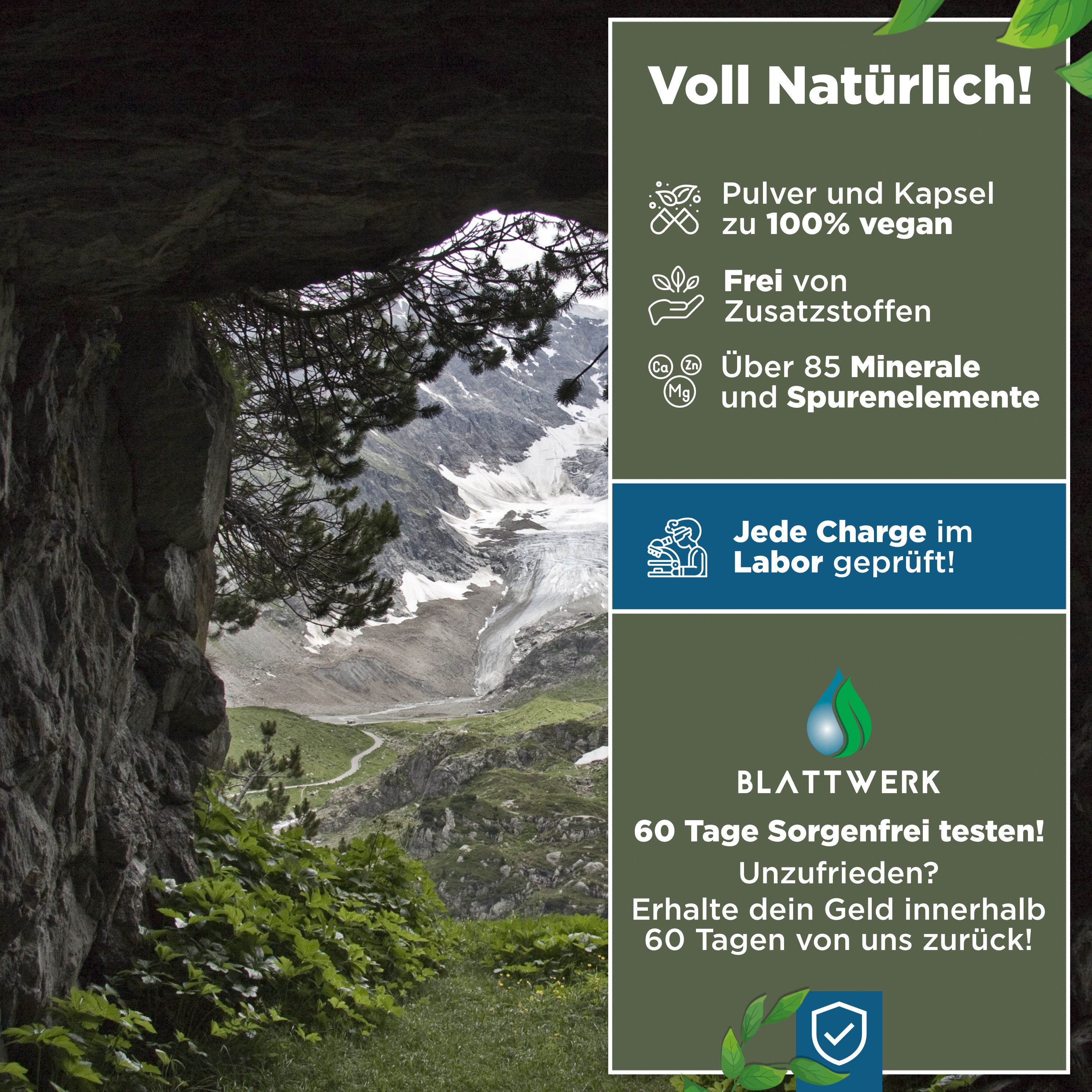 Landschaft mit Felsen. Text: Pulver und Kapseln zu 100% vegan, Frei von Zusatzstoffen, Über 85 Mineralien und Spurenelemente. Laborgeprüft. 60 Tage sorgenfrei testen!