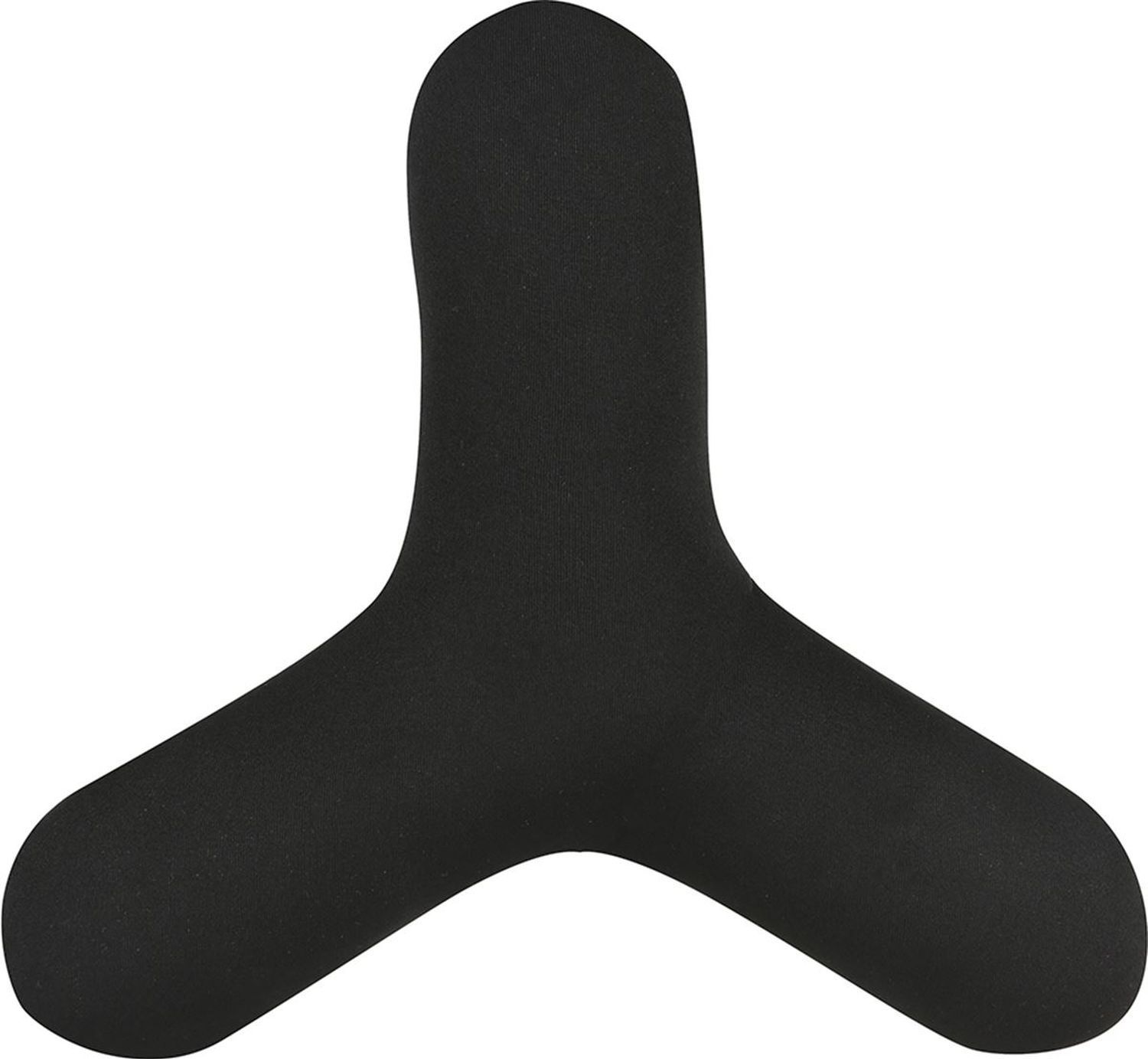 Schwarzer, dreieckiger Sunflex-Boomerang. Einfarbig, ohne Muster. Form mit drei Flügeln, abgerundeten Enden. Aus weichem Material.