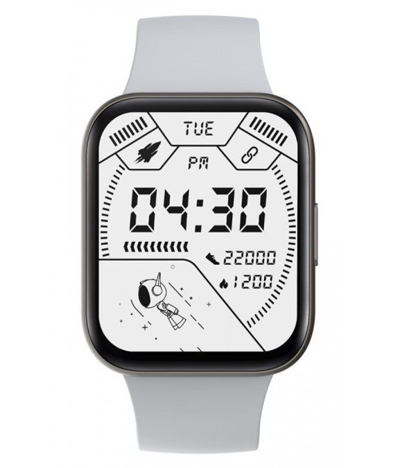 Graue Smartwatch mit digitaler Anzeige. Zeigt Uhrzeit, Datum und Fitnessdaten. Graues Armband, schwarzes Gehäuse.