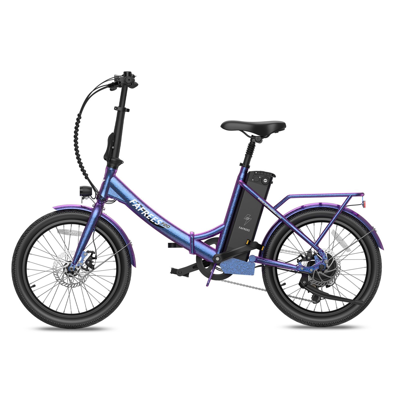 Blau-violettes Elektrofahrrad mit schwarzem Sattel und Gepäckträger. Marke FAFREES.