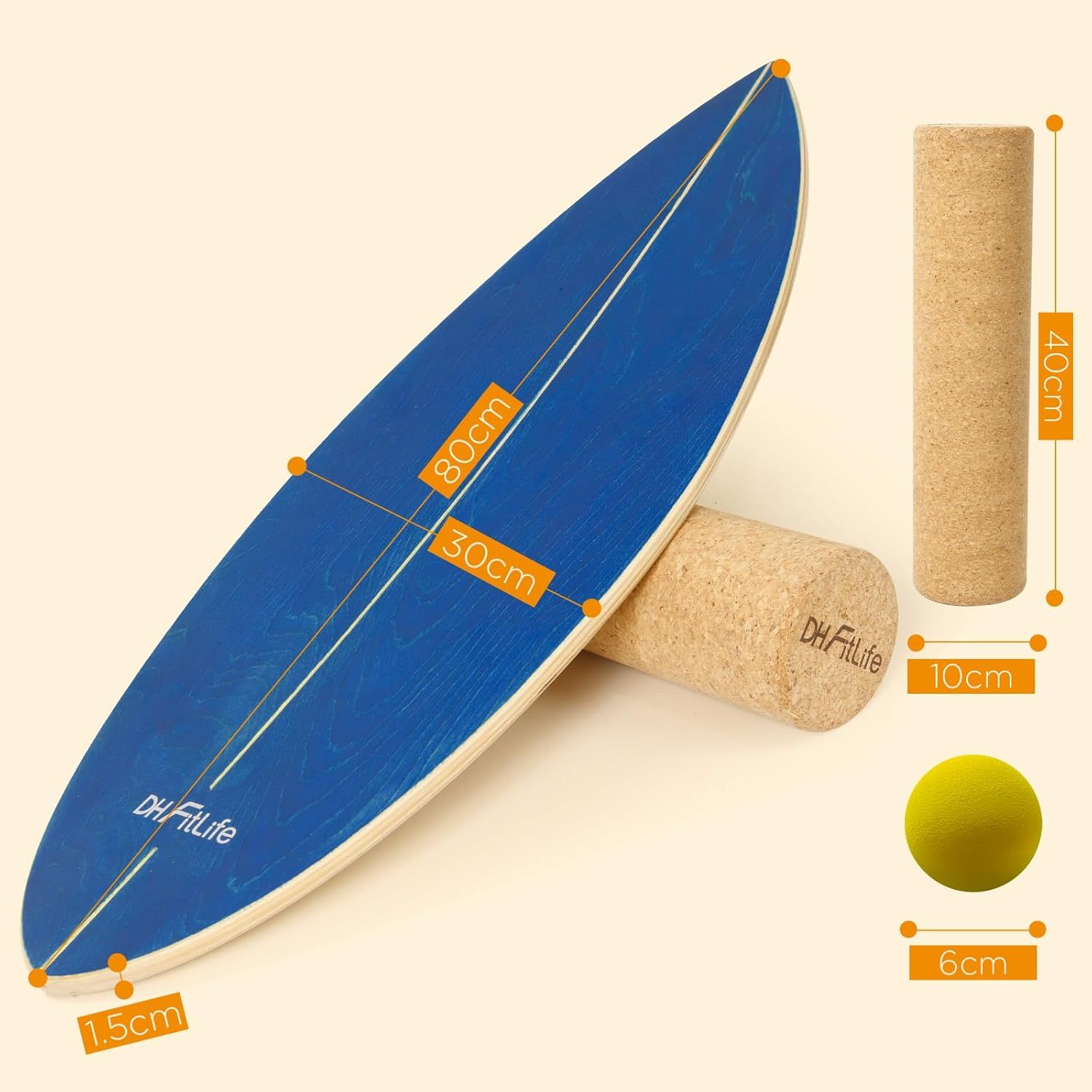 Blaues Balanceboard mit Korkrolle und gelbem Ball. Abmessungen: Board 80x30x1,5cm, Rolle 40x10cm, Ball 6cm. DH FitLife Logo auf Board und Rolle.