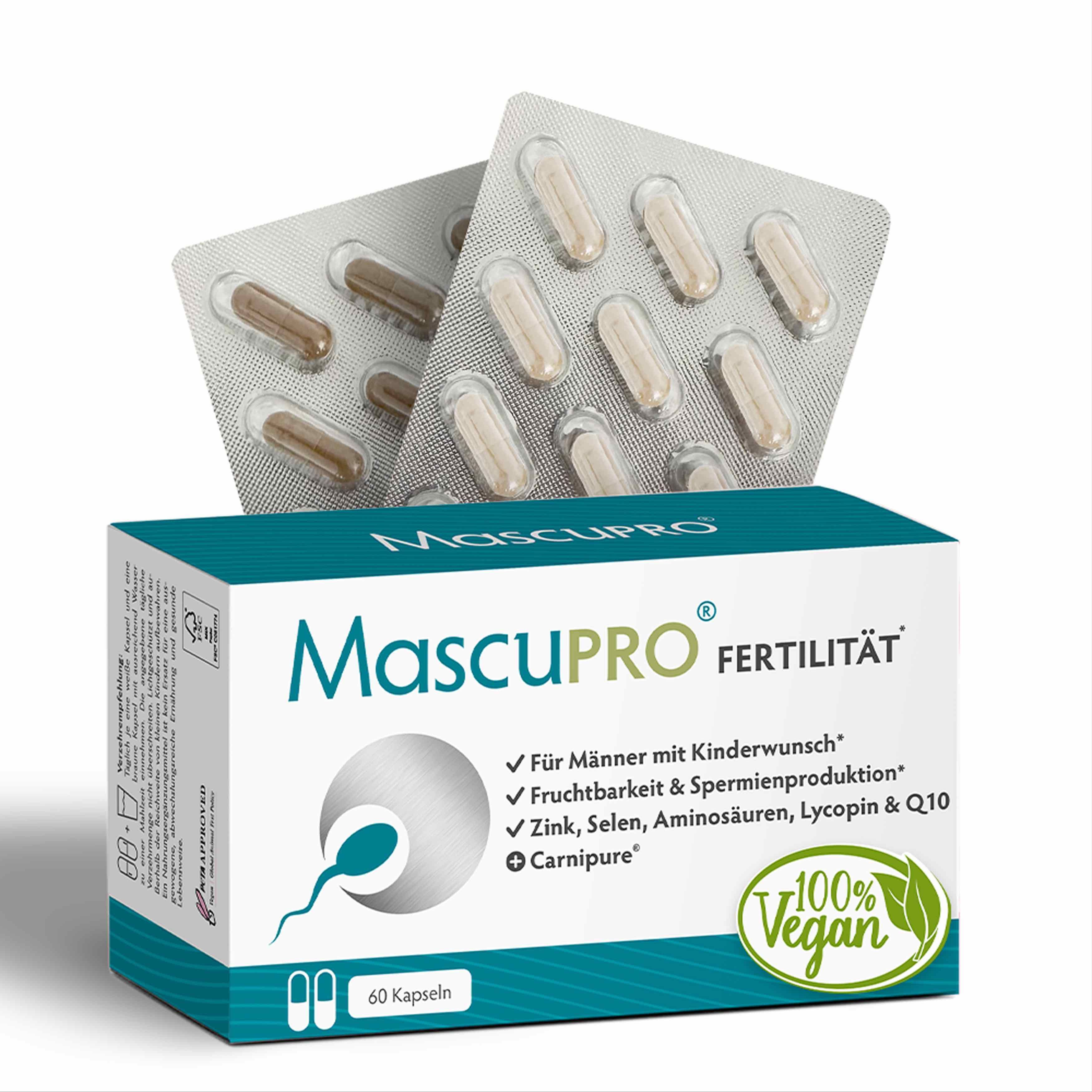 Produktverpackung MascuPRO Fertilität, Blisterpackungen mit Kapseln. Text: Für Männer mit Kinderwunsch, Zink, Selen, Aminosäuren, Lycopin & Q10, Carnipure, 100% Vegan.