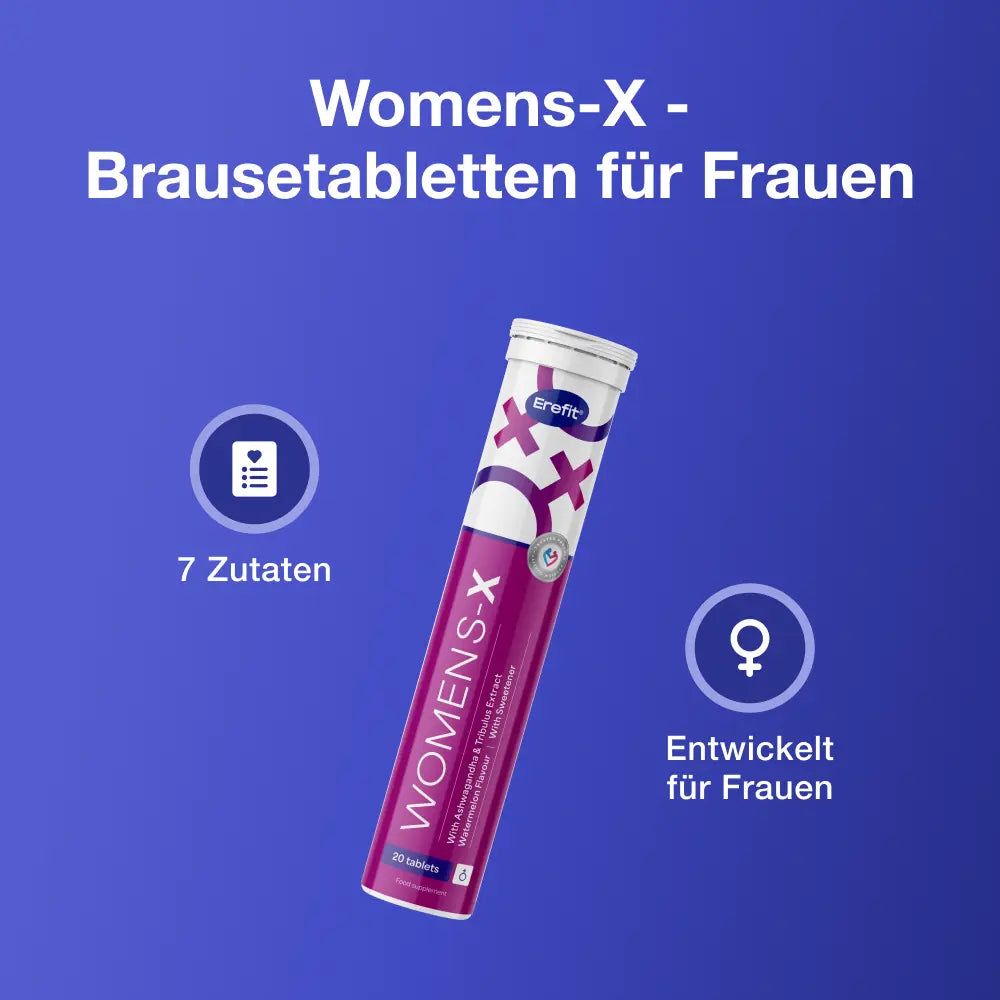 Tube mit Brausetabletten. Aufschrift: Womens-X, Erefit Logo. 7 Zutaten, Entwickelt für Frauen. Lila-weißes Design. 20 Tabletten.