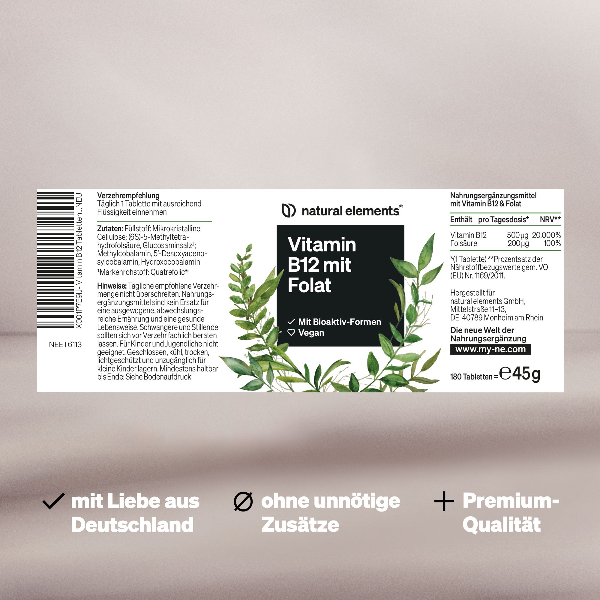 natural elements Vitamin B12 – 180 Tabletten – 6 Monate – 500µg Vit B12 & 200µg Folsäure/Tagesdosis