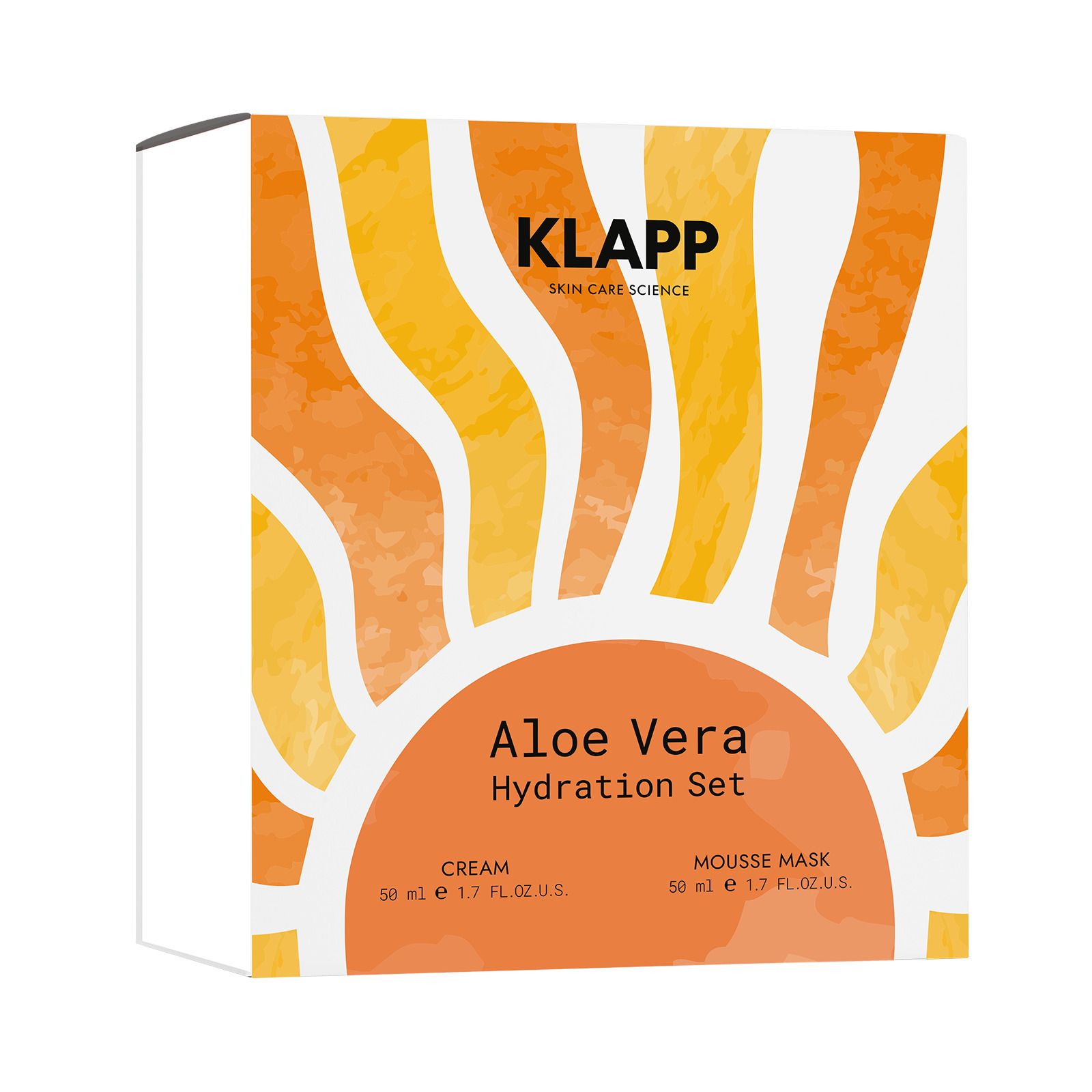 Verpackung des KLAPP Aloe Vera Hydration Set. Weißer Karton mit orangefarbenem Design. Text: Aloe Vera Hydration Set, Cream, Mousse Mask.