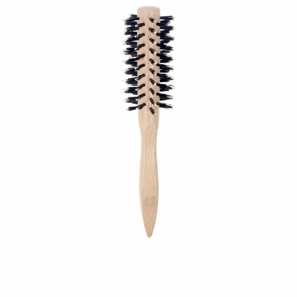 Kleine runde Haarbürste mit Holzgriff und schwarzen Borsten. Der Griff trägt den Markennamen Marlies Möller.