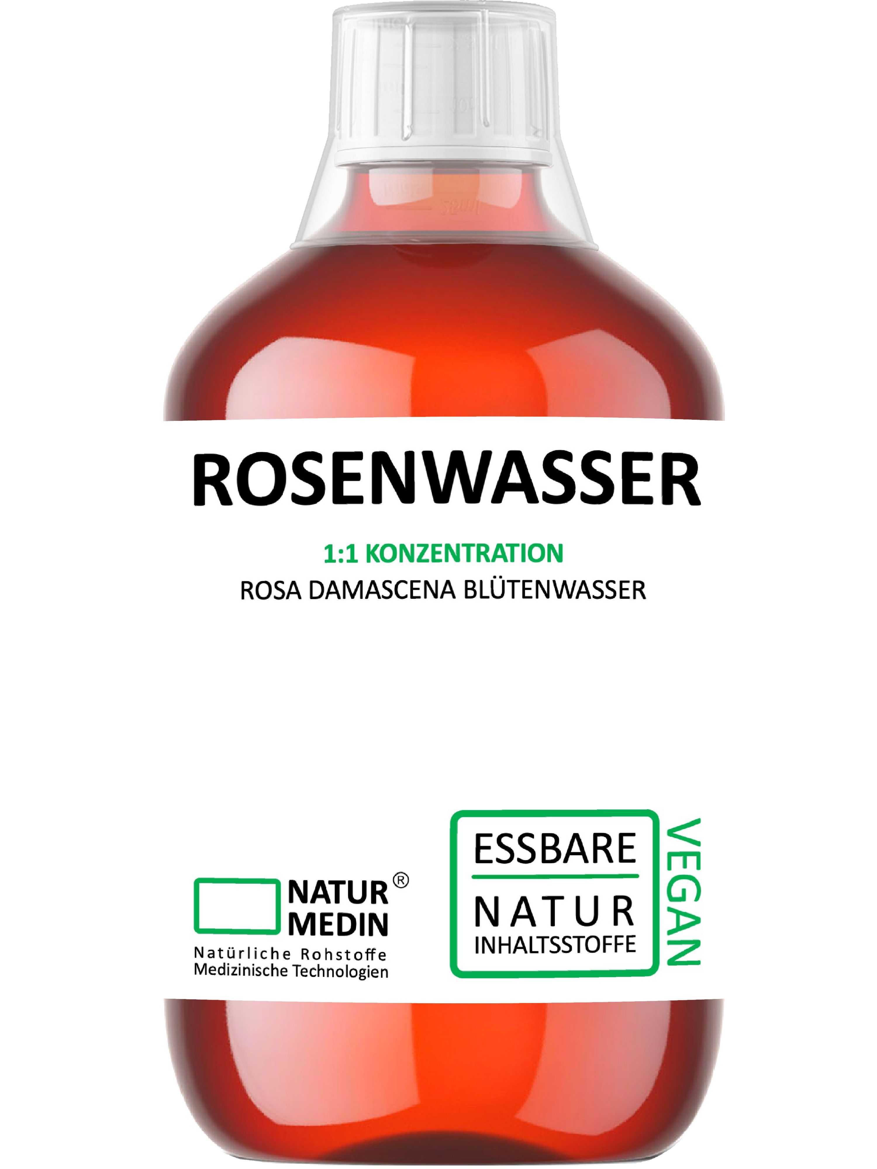 Braune Flasche mit weißem Verschluss. Aufschrift: ROSENWASSER, 1:1 KONZENTRATION, ROSA DAMASCENA BLÜTENWASSER. Logo: NATUR MEDIN, ESSBARE NATUR INHALTSSTOFFE, VEGAN.