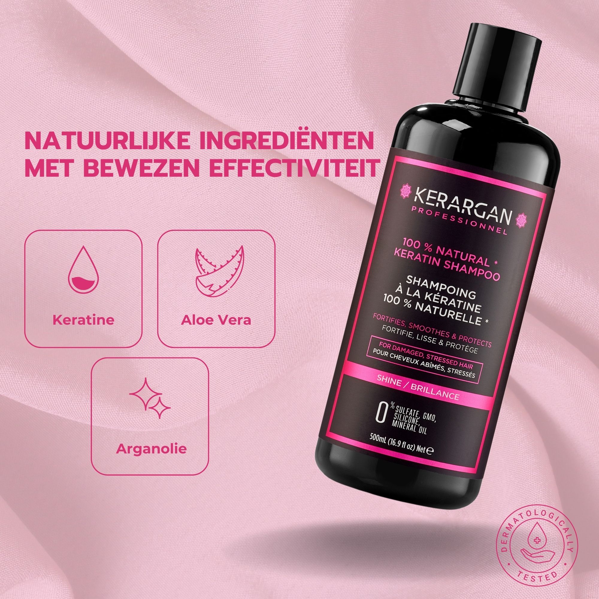 Kerargan shampoo fles. Tekst: Natuurlijke ingrediënten met bewezen effectiviteit. Keratine, Aloë Vera, Arganolie. Dermatologisch getest.