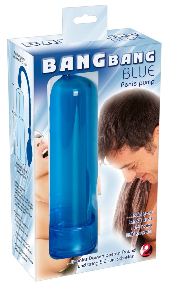 Verpackung mit Penis-Pumpe. Aufschrift: BANG BANG BLUE. Produkt in blau. Diagramm und Abbildung.