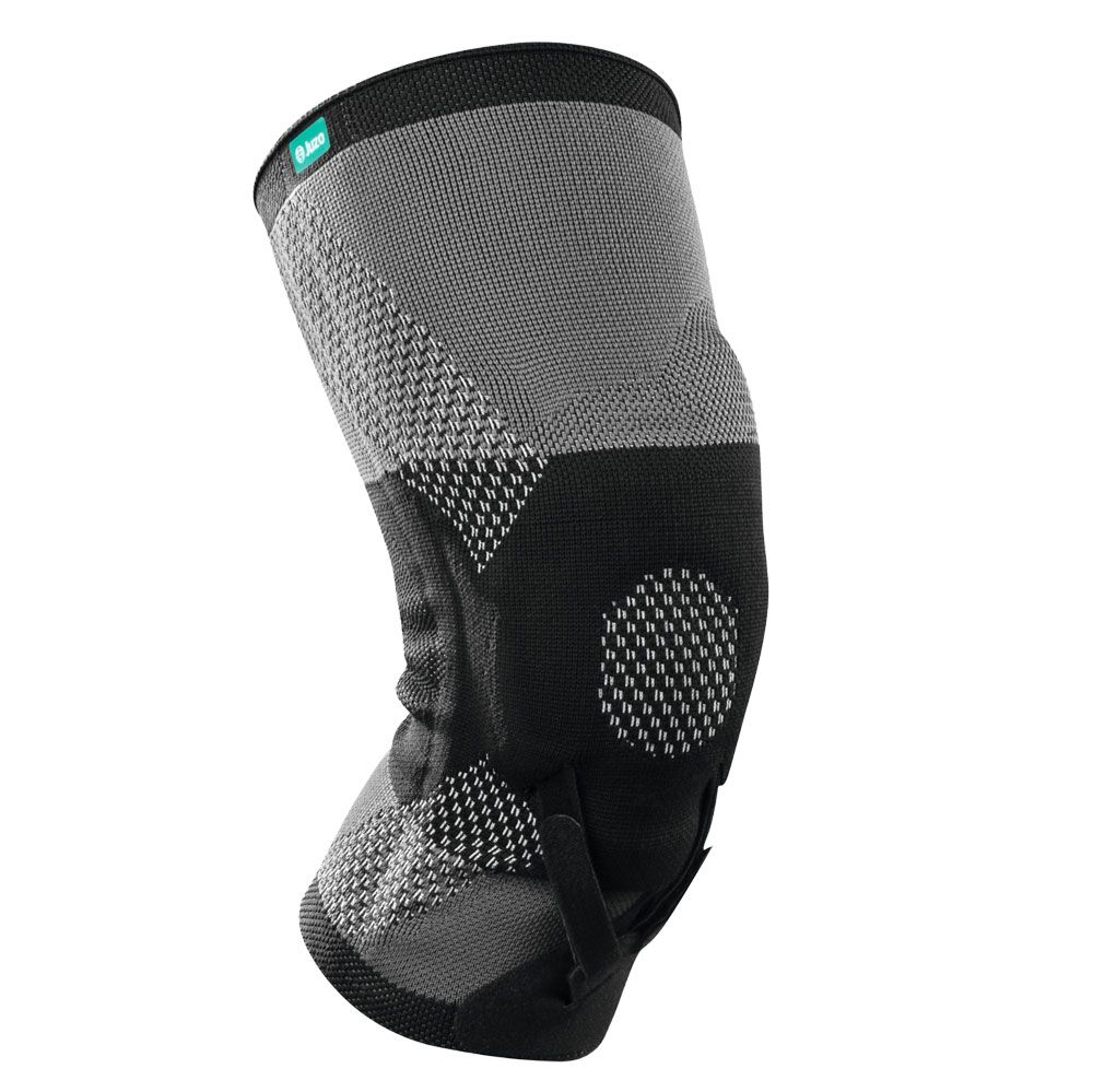 Graue und schwarze Kniebandage mit Kompressionsstrick und seitlichen Stabilisatoren.