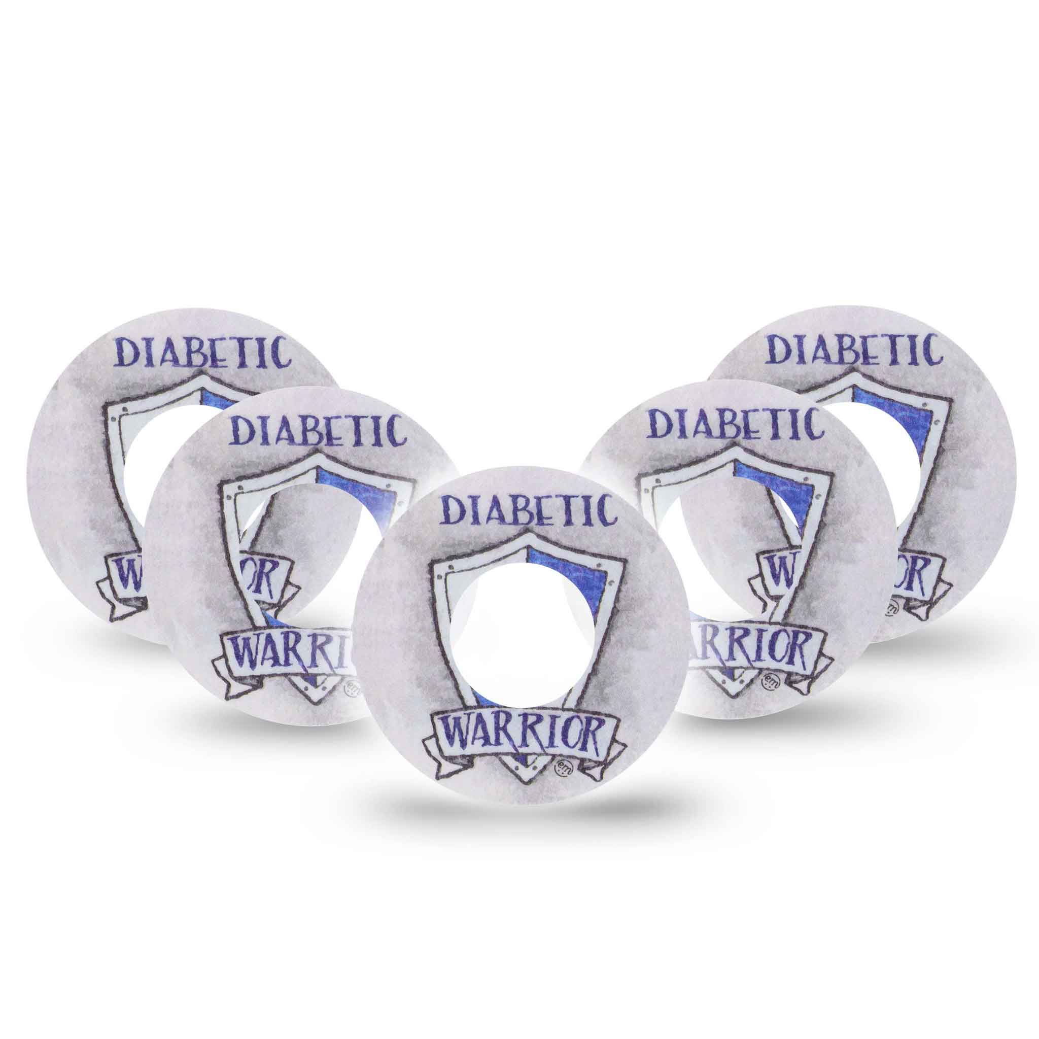 Fünf runde Aufkleber mit blauem Schild-Design und Text "DIABETIC WARRIOR".
