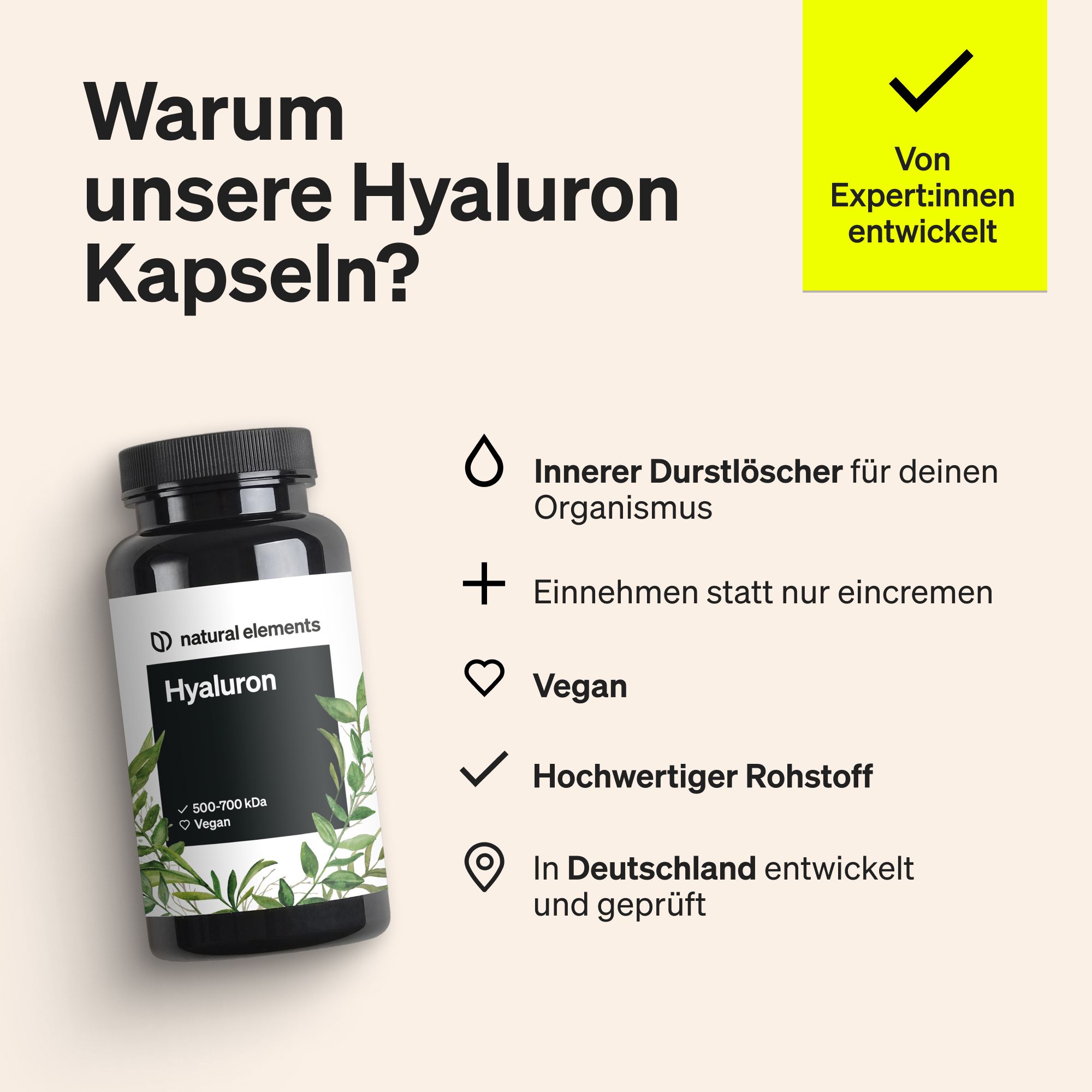 natural elements Vegane Hyaluronsäure – 500 mg Hyaluron pro Kapsel – 90 Kapseln – 500–700 kDa