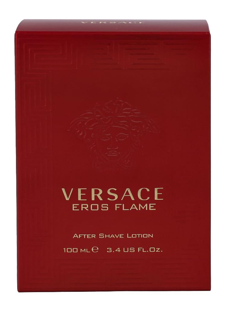 Rote Verpackung mit Versace-Logo und "Eros Flame". Text: "After Shave Lotion" und Volumen.