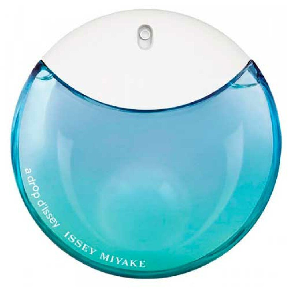 Runder Flakon mit blau-grüner Flüssigkeit und weißem Deckel. Aufschrift: a drop d'Issey, ISSEY MIYAKE.