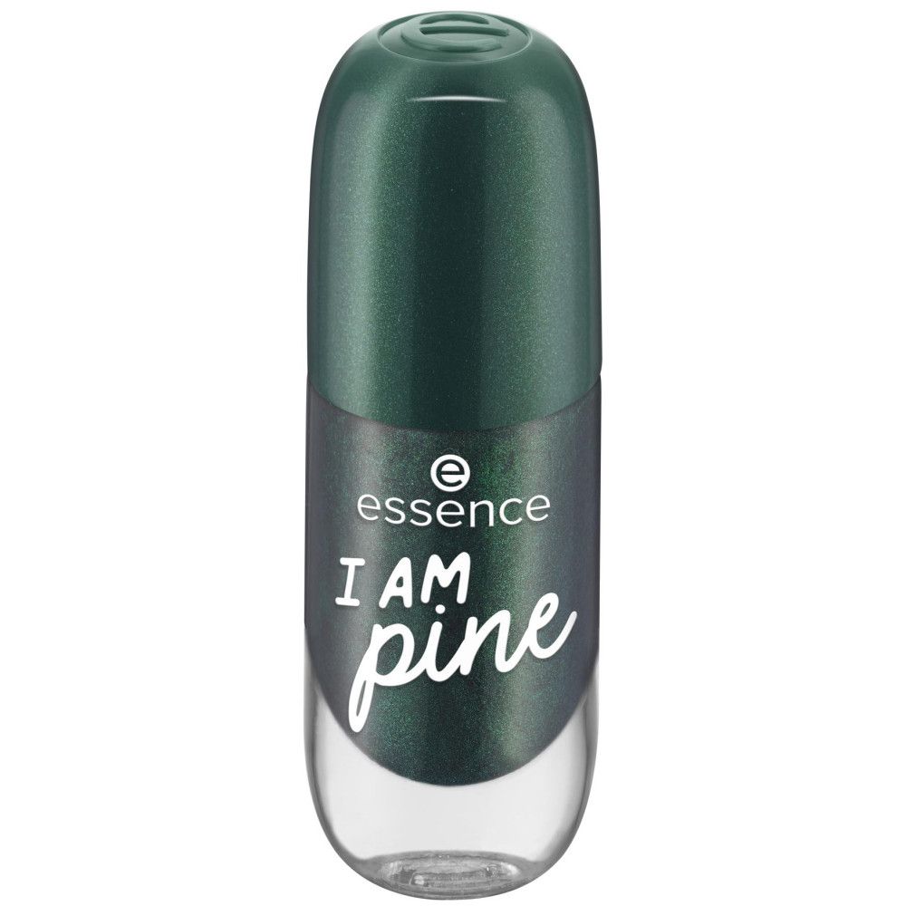 Grüner Nagellackflakon mit schwarzem Deckel. Aufschrift: essence, I AM pine.