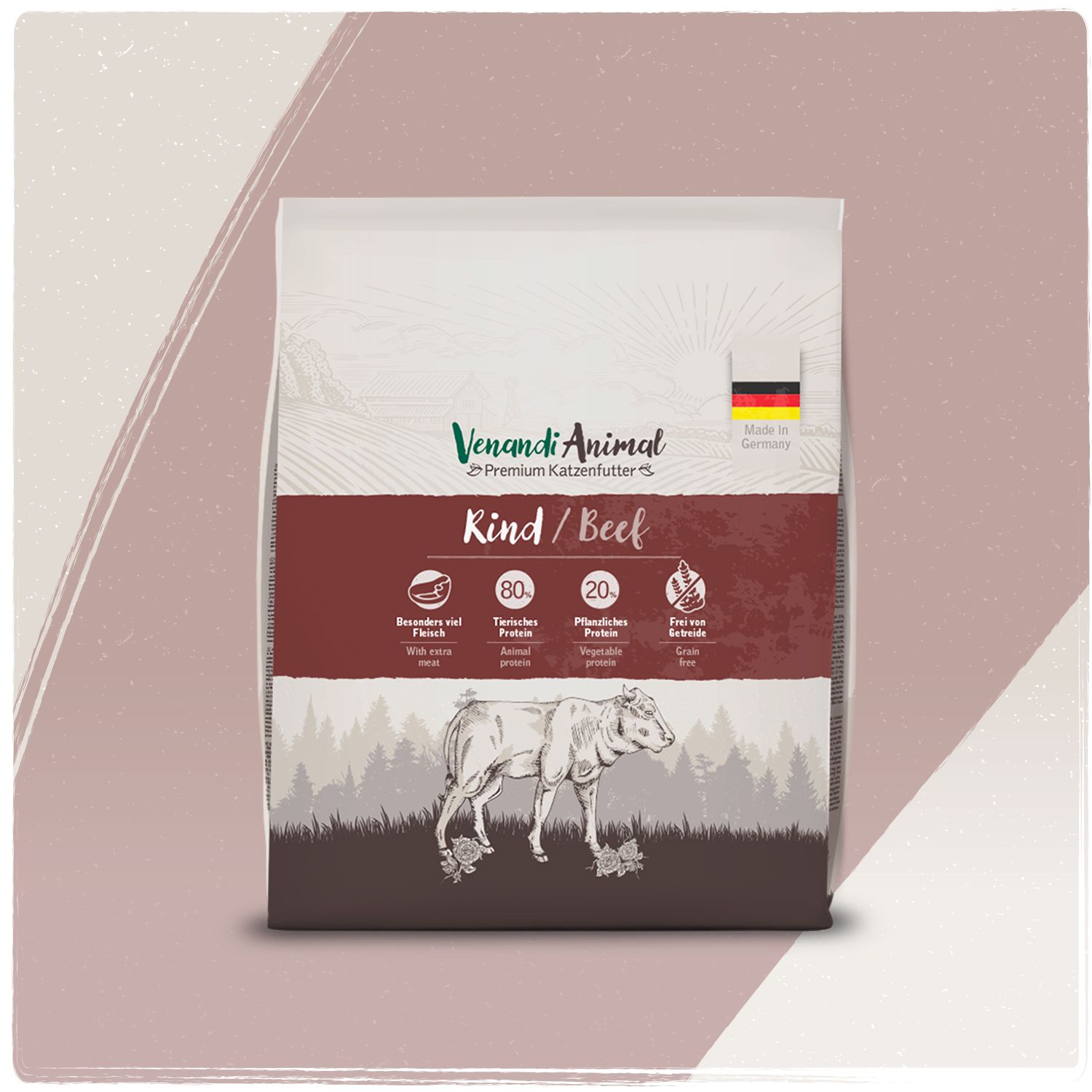 Venandi Animal Katzenfutter Rind: Futtersack mit Rinderabbildung und deutschen Fahnen. Enthält 80% Rind, 20% Gemüse.