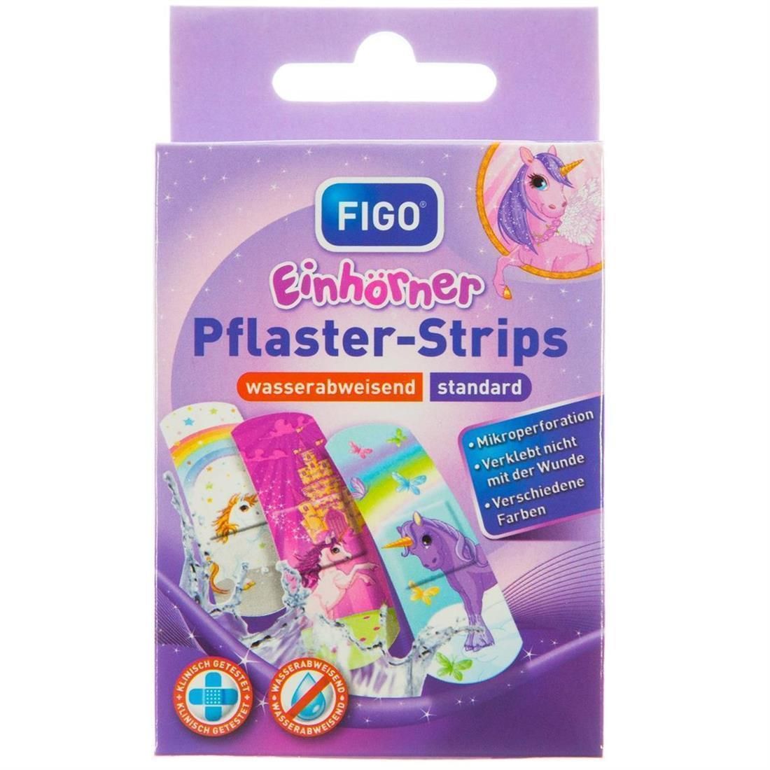 Lila Packung FIGO Einhörner Pflaster-Strips. Enthält 10 Pflaster. Verpackung mit Illustrationen von Einhörnern und Produktinformationen.