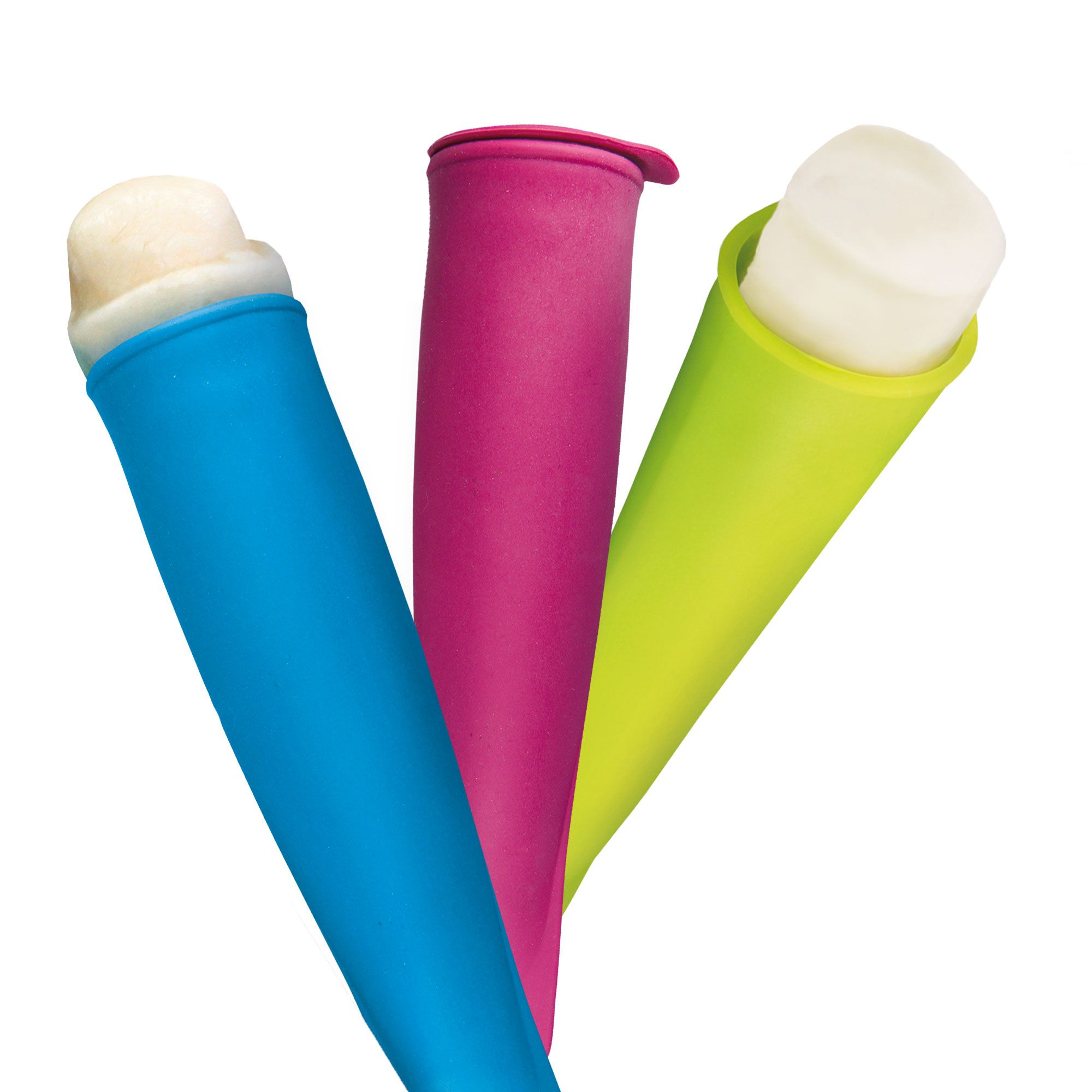 Drei Hunde-Eis-Lolly-Halter in Blau, Pink und Grün. Jeder Halter ist konisch geformt und enthält einen weißen Eis-Lolly. Die Halter sind aus Silikon.