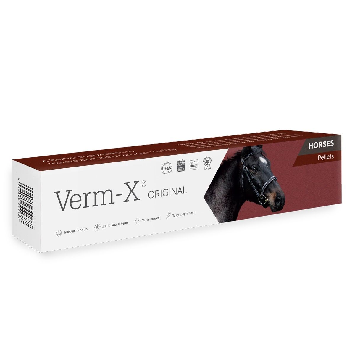 Weiße rechteckige Verpackung mit braunem Deckel. Aufschrift "Verm-X ORIGINAL". Abbildung eines Pferdekopfes. Text: "Horses Pellets".
