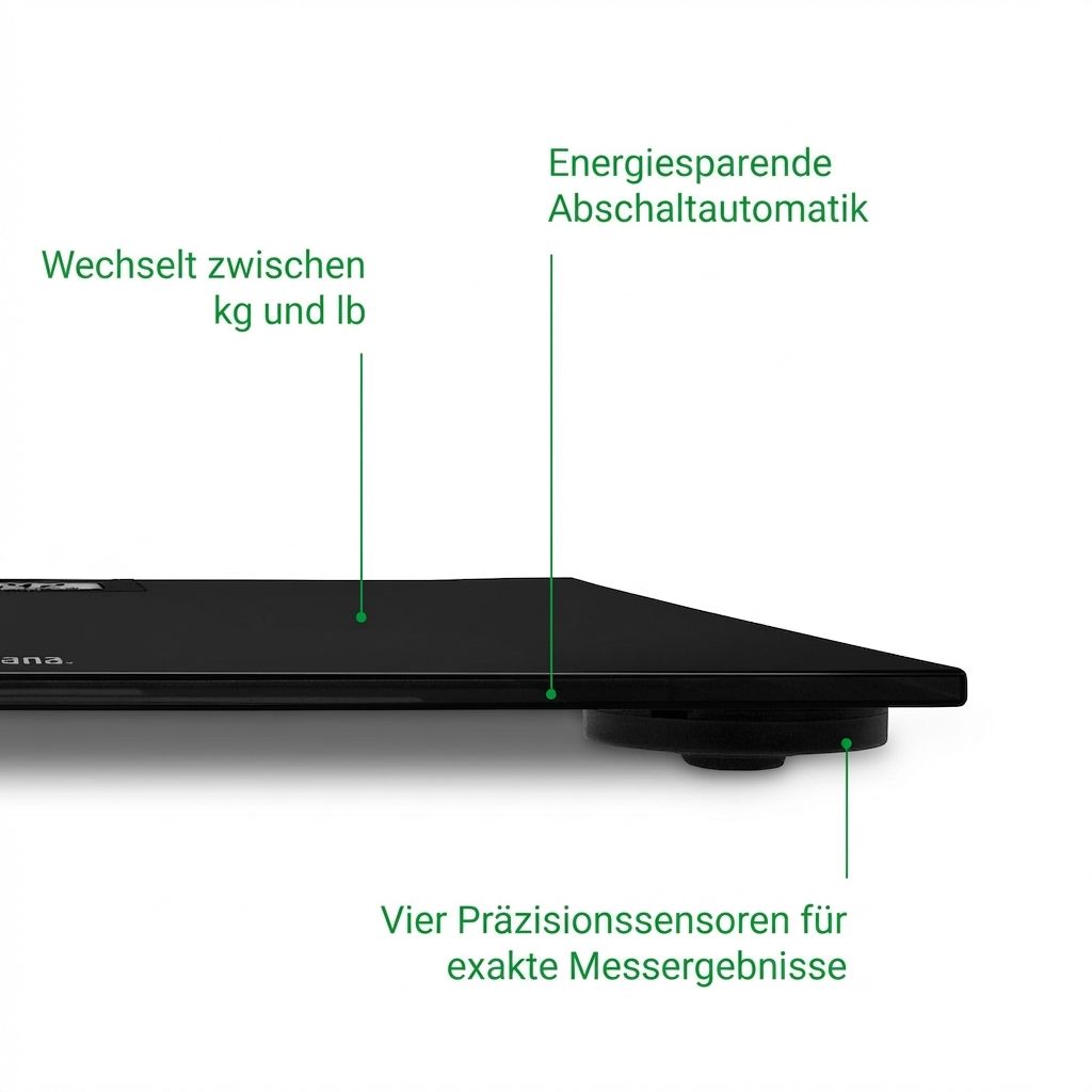 Seitenansicht einer schwarzen Glas Personenwaage. Vier Präzisionssensoren.