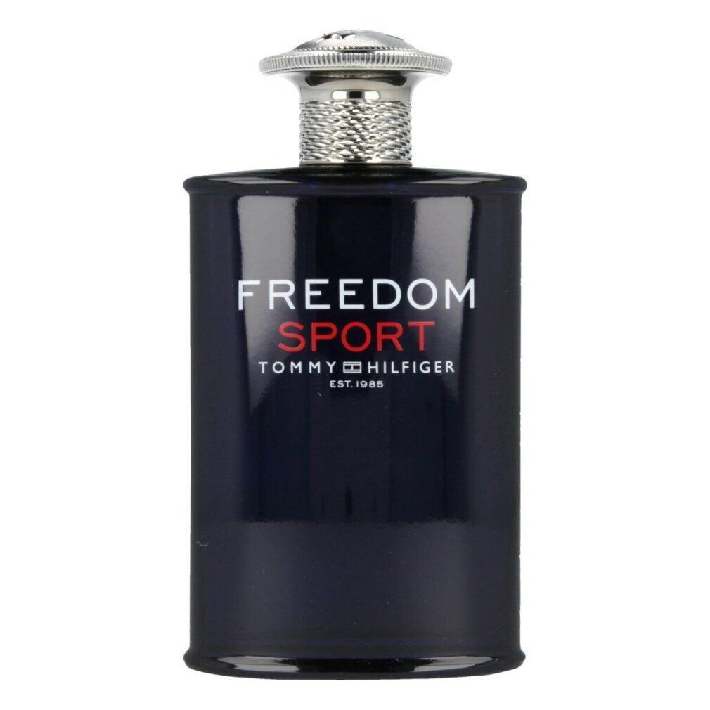 Blaue Flasche mit silbernem Verschluss. Aufschrift FREEDOM SPORT, TOMMY HILFIGER. Eau de Toilette Spray.