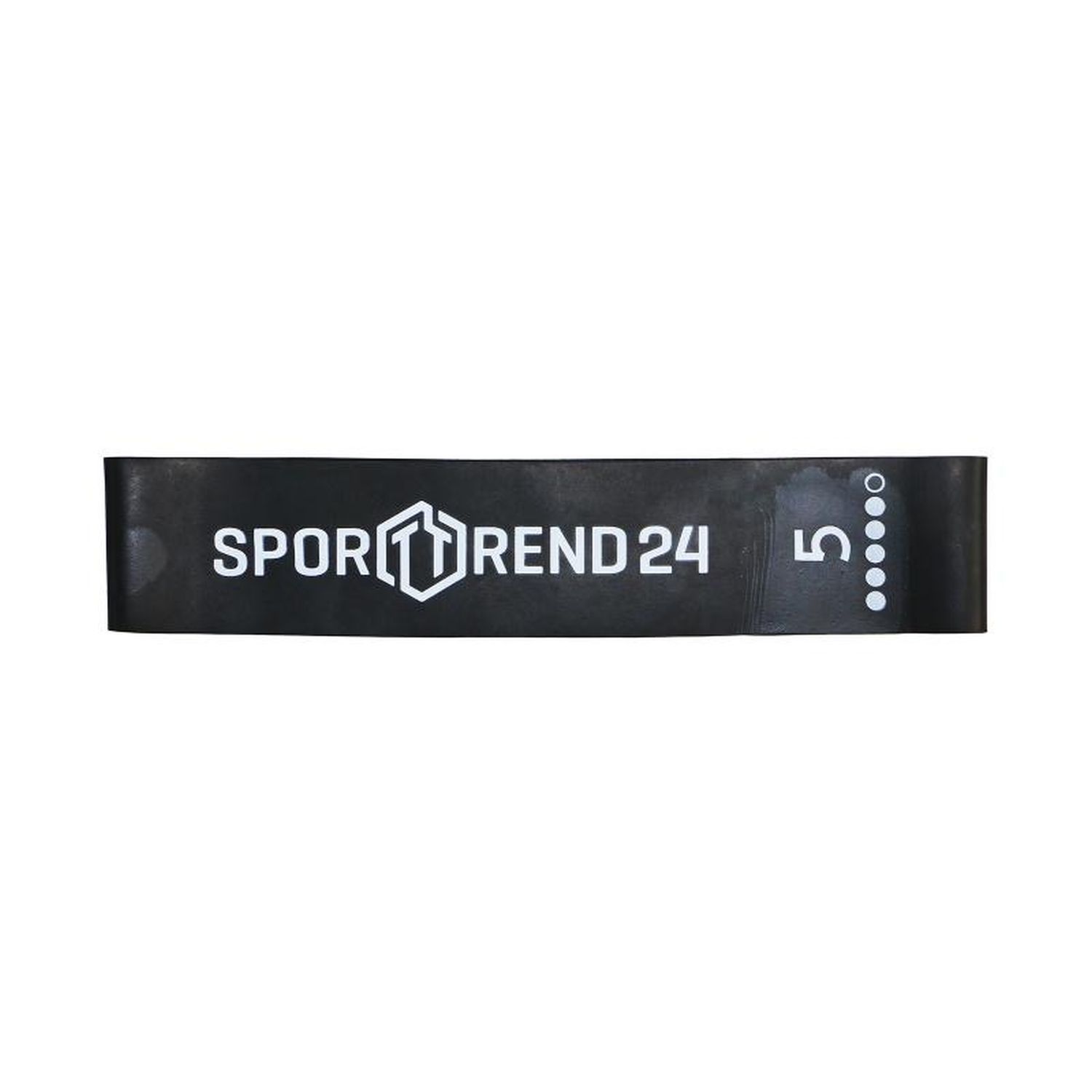 Schwarzes Mini-Band von Sporttrend24 mit weißer Nummer 5 und Logo. Für Fitness-Übungen.