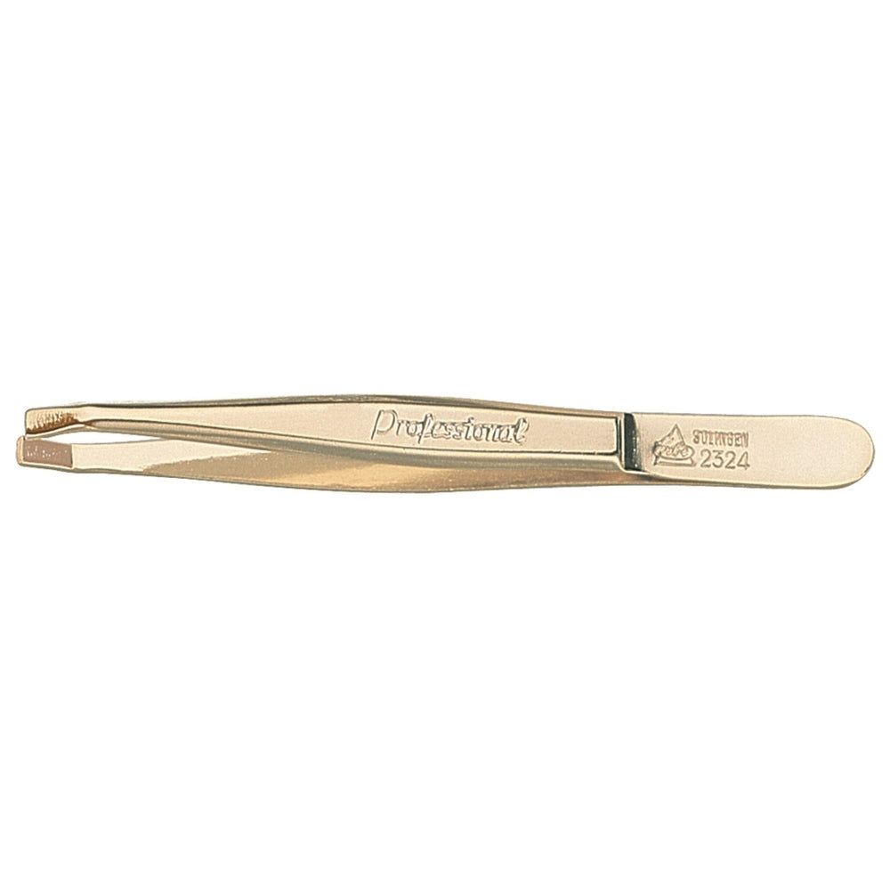 Goldfarbene Pinzette mit spitz zulaufenden Enden. Aufschrift "Professional" und Modellnummer "2324".
