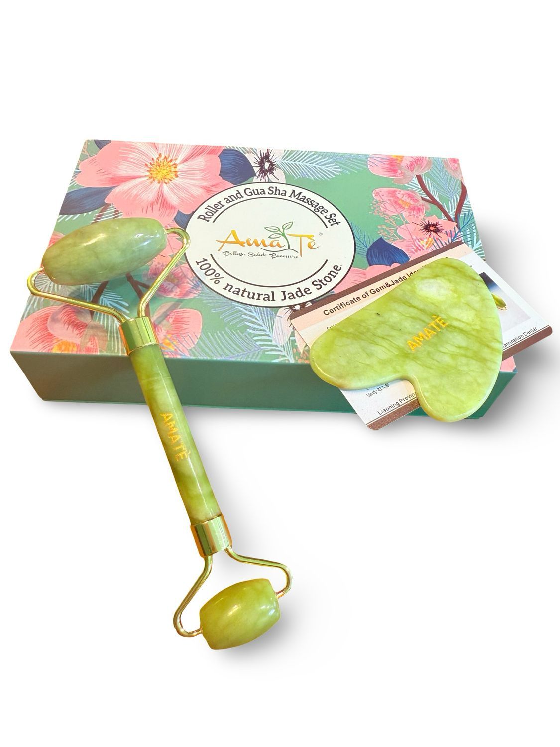 Amatè Set Rullo di Giada è Gua Sha 100% Naturale