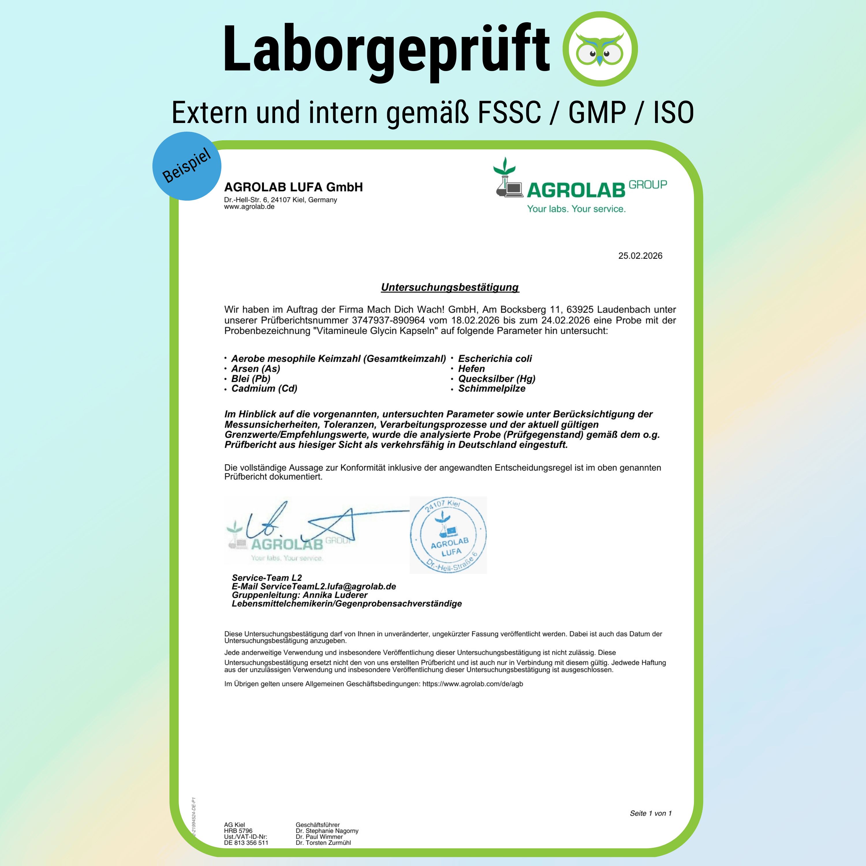 Laborgeprüft-Zertifikat von Agrolab. Unterschriftszeile. Analyse von Proben von Glycin Kapseln. Ergebnisse und Unterschriften.