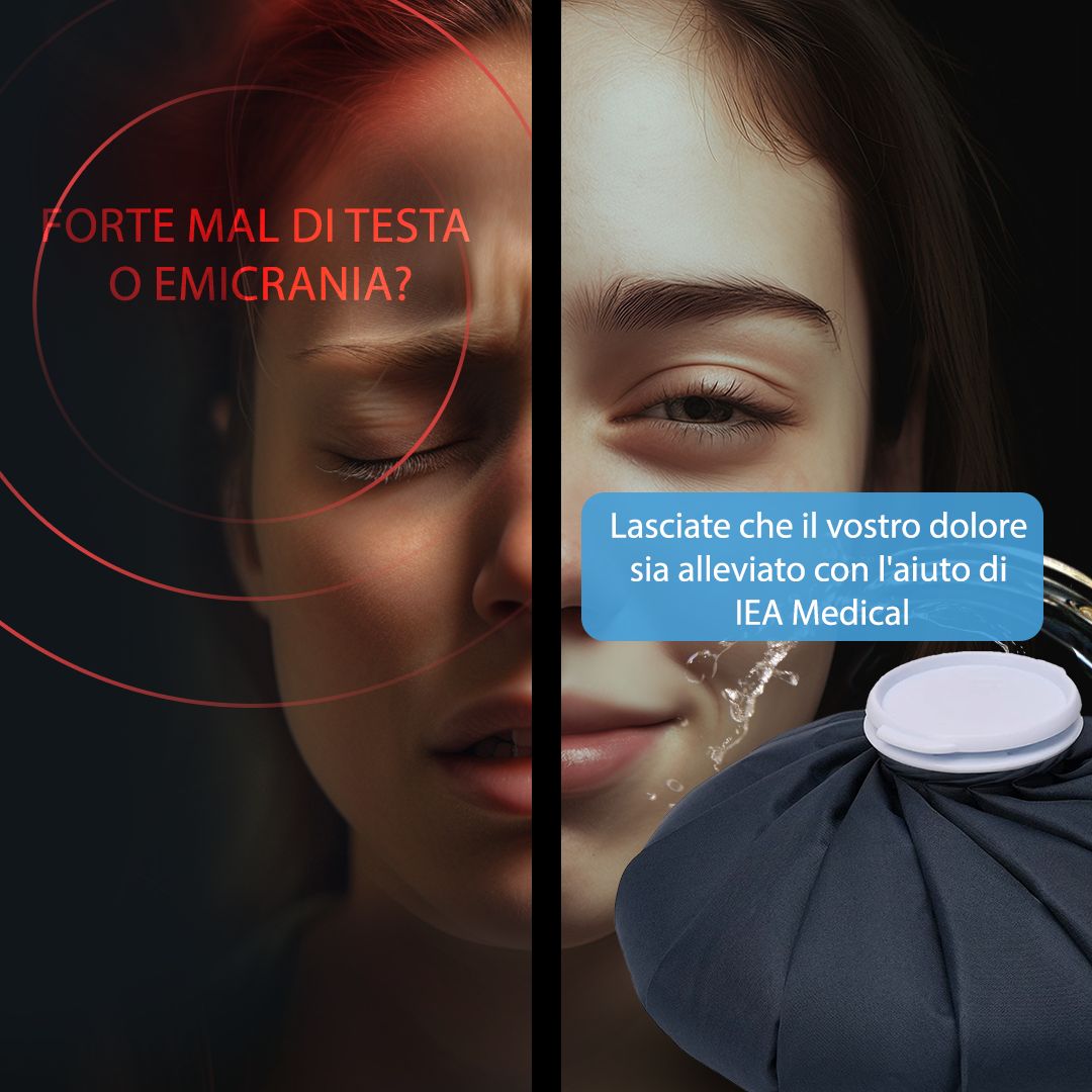 Volto di una donna che prova dolore, accanto a una borsa dell'acqua calda. Testo: Forti mal di testa o emicrania?