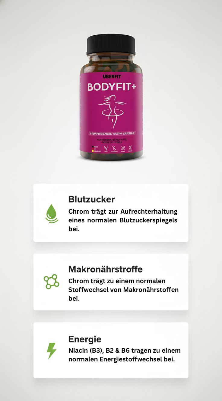 Eine Flasche BODYFIT+ mit dem Logo und dem Produktnamen. Darunter befinden sich drei Informationsblöcke mit Text über Blutzucker, Makronährstoffe und Energie.