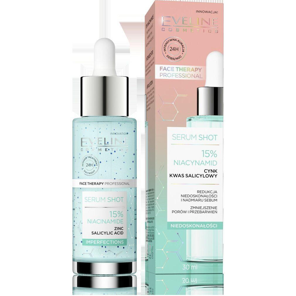 Serumflasche mit Pipette und Verpackung. Aufschrift: Serum Shot, 15% Niacinamid, Zink, Salicylsäure. 30 ml.