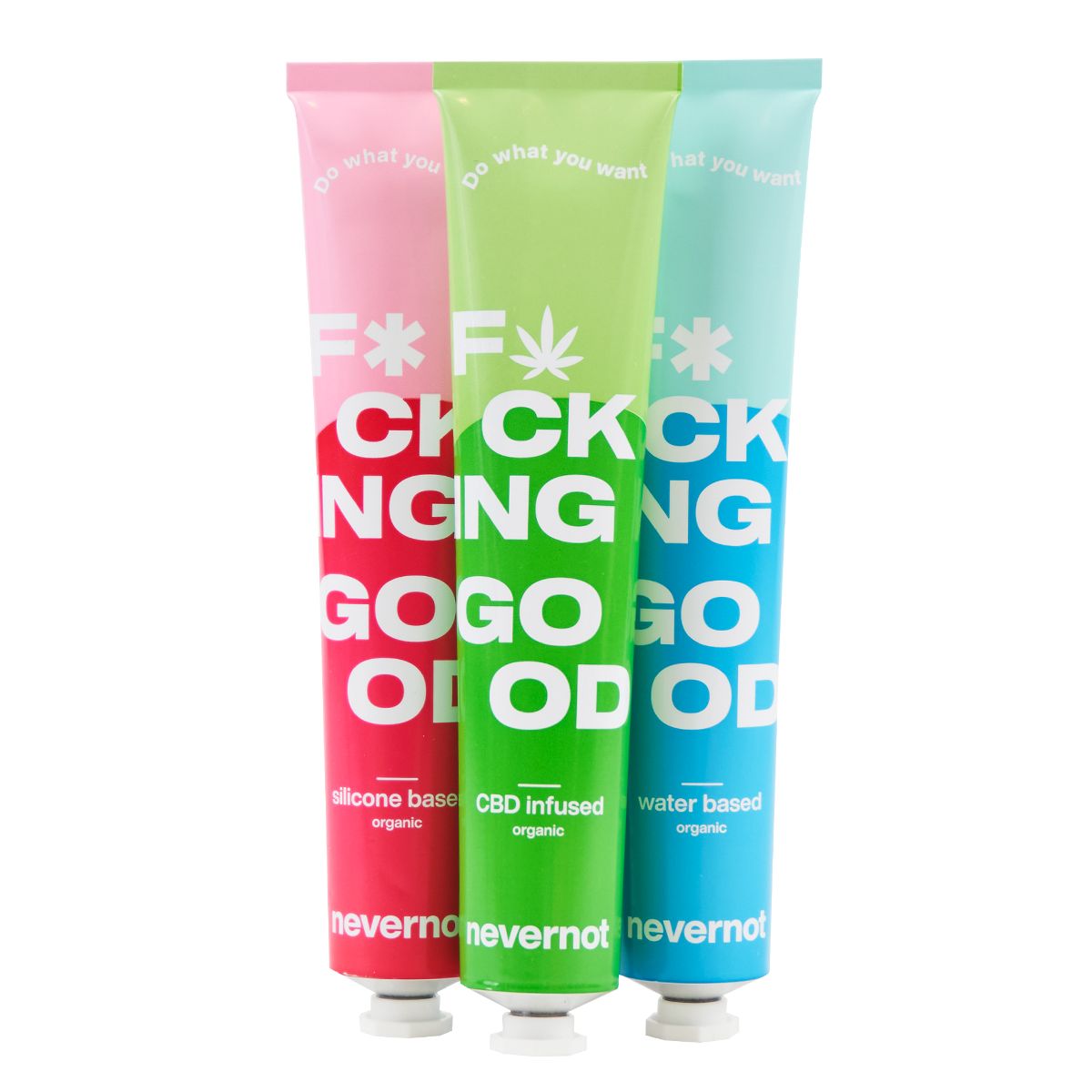 Drei Tuben Gleitgel. Pink, grün und blau. Aufschrift: F*CKING GOOD. Unten: nevernot. Verschiedene Basen.
