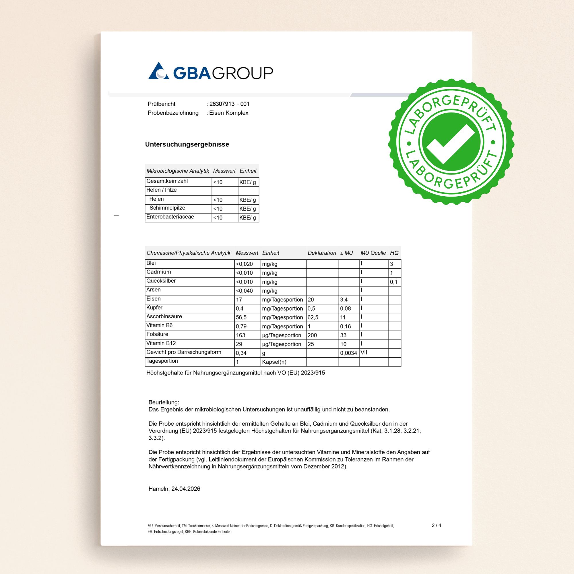 Laborbericht des GBA GROUP für VETAIN Eisen Komplex mit Prüfsiegel.