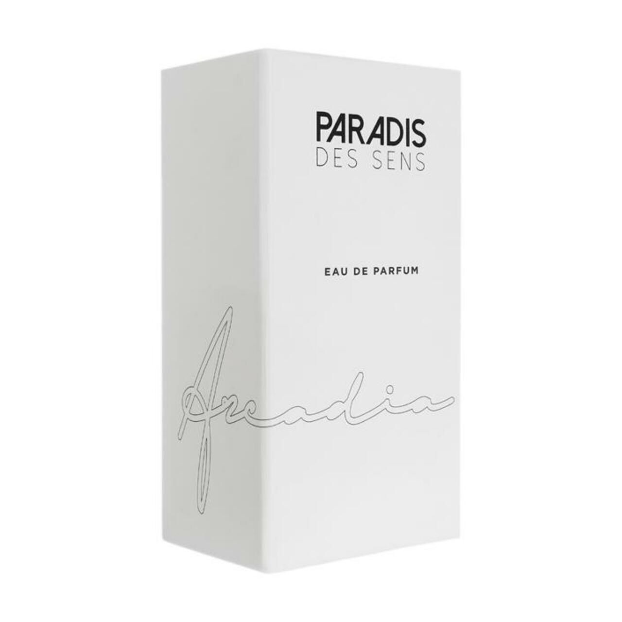 Weiße rechteckige Verpackung. Aufschrift: PARADIS DES SENS, Arcadia, Eau de Parfum.