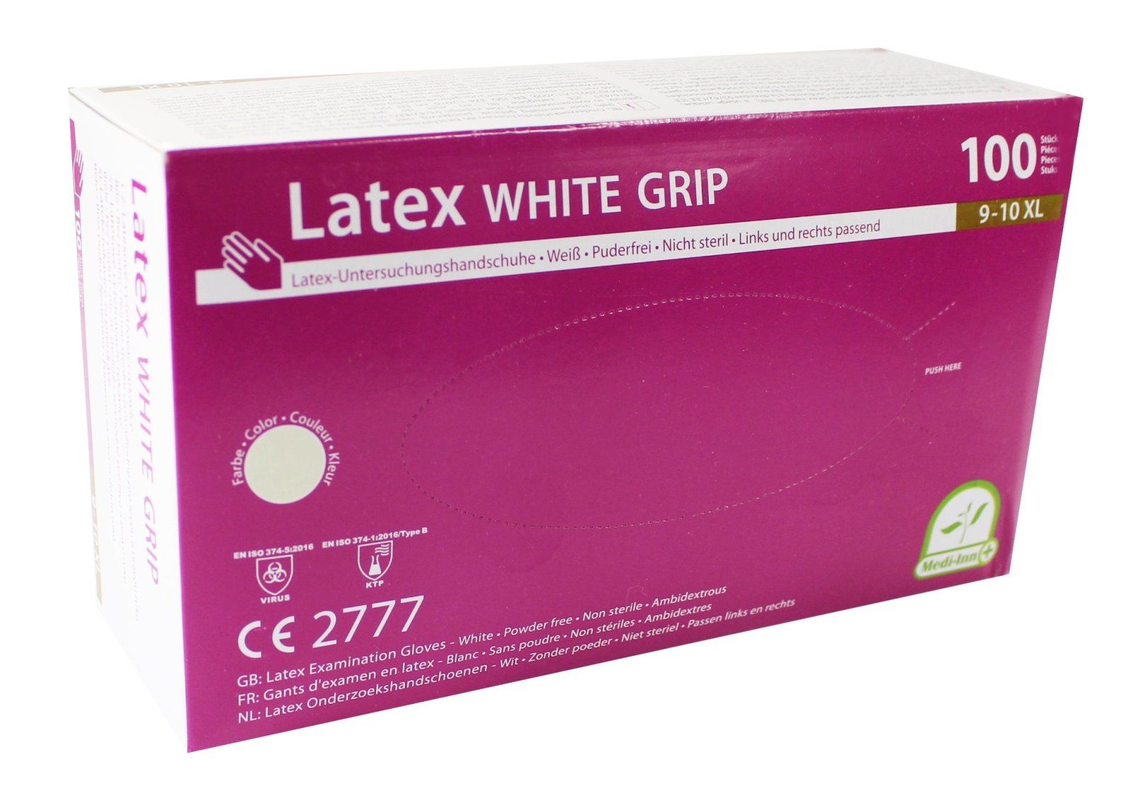 Karton mit weißen Latex-Untersuchungshandschuhen. Aufdruck: Latex White Grip, 100 Stück, Größen 9-10 XL. CE-Kennzeichnung.