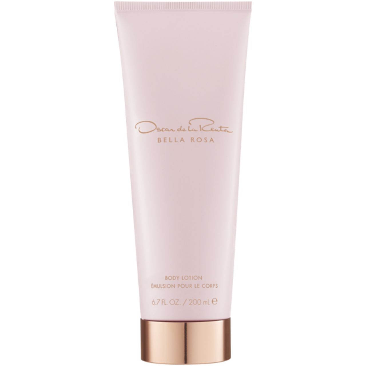 Rosa Körperlotion-Tube. Goldfarbener Schriftzug: Oscar de la Renta, Bella Rosa. Unten: Body Lotion, 6.7 fl. oz. / 200 ml.