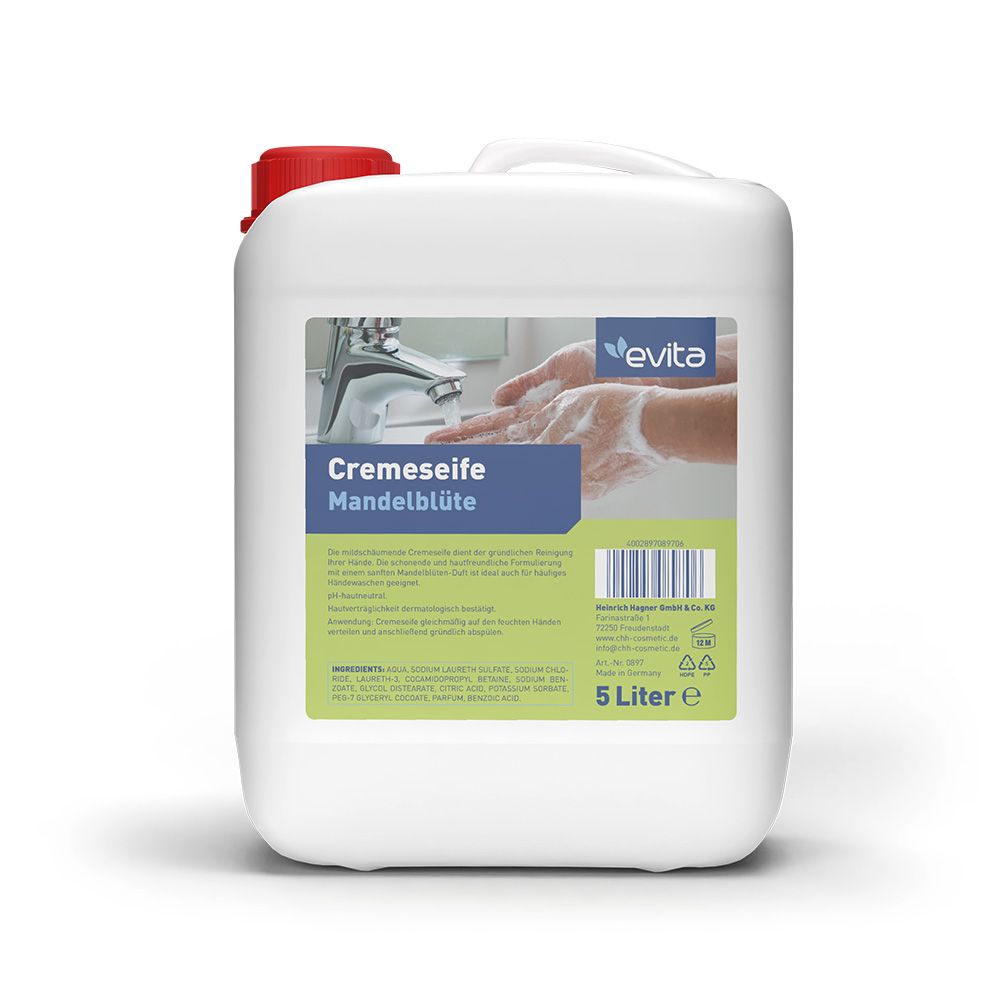 Weißer Kanister mit rotem Deckel und Griff. Aufkleber mit Produktname und Logo. 5 Liter.