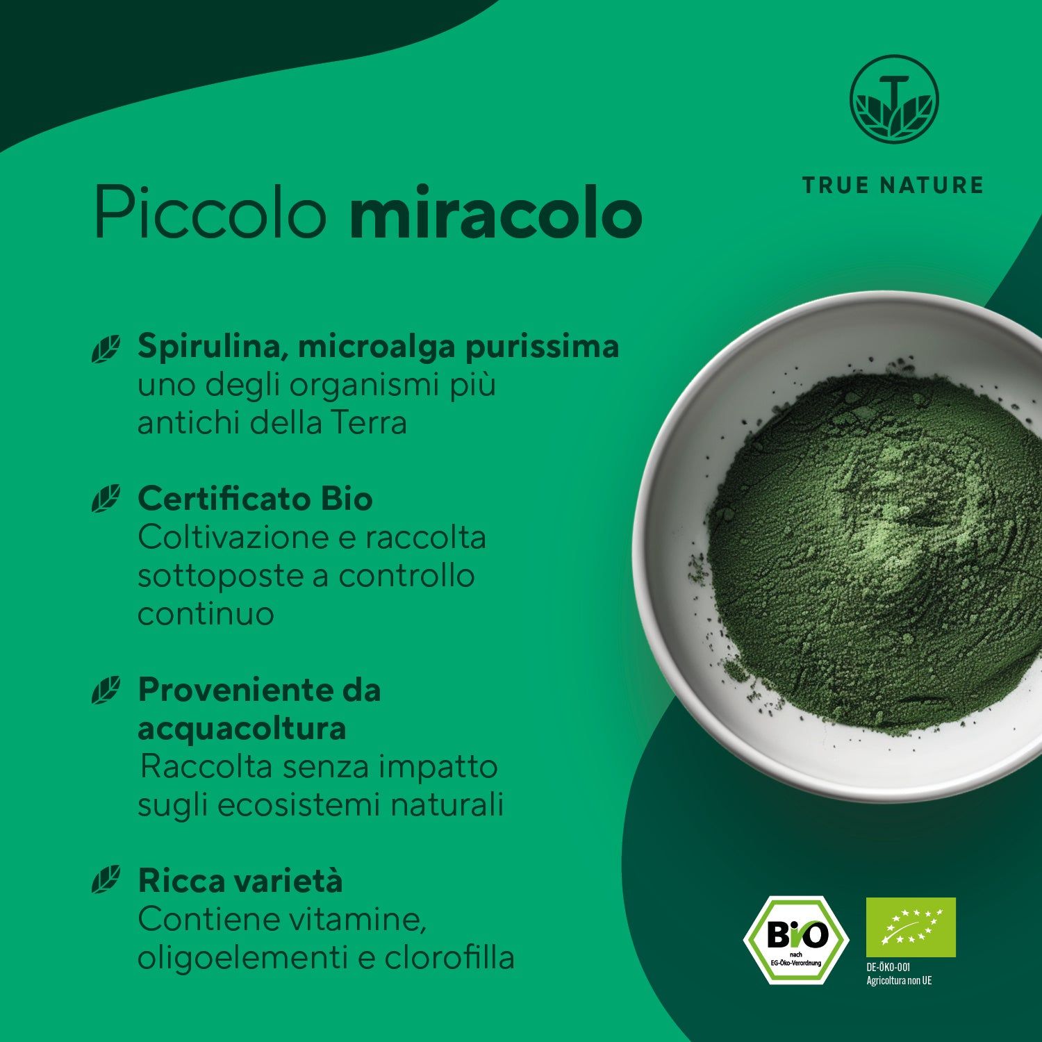 Polvere verde in una ciotola. Testo: Spirulina, Bio certificata, da acquacoltura, ricca di vitamine. Marchio Bio.