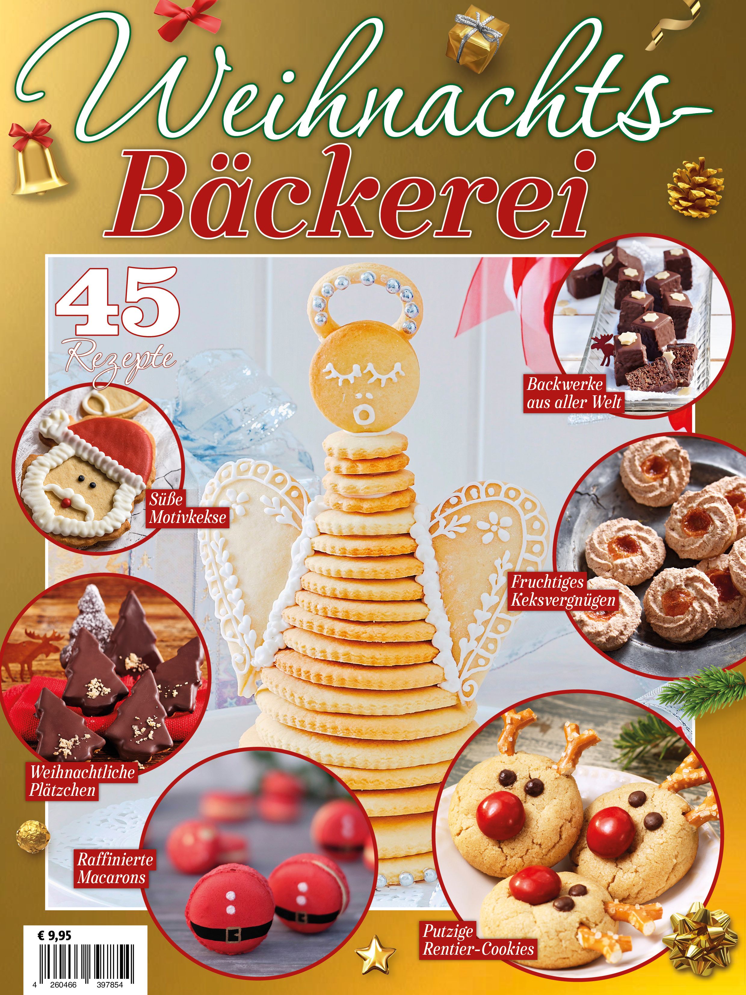 Titelbild des Kochbuchs "Weihnachts-Bäckerei" mit Keksen in verschiedenen Formen und Rezepten. Auf dem Cover sind Kekse in Form eines Engels und eines Rentiers abgebildet.